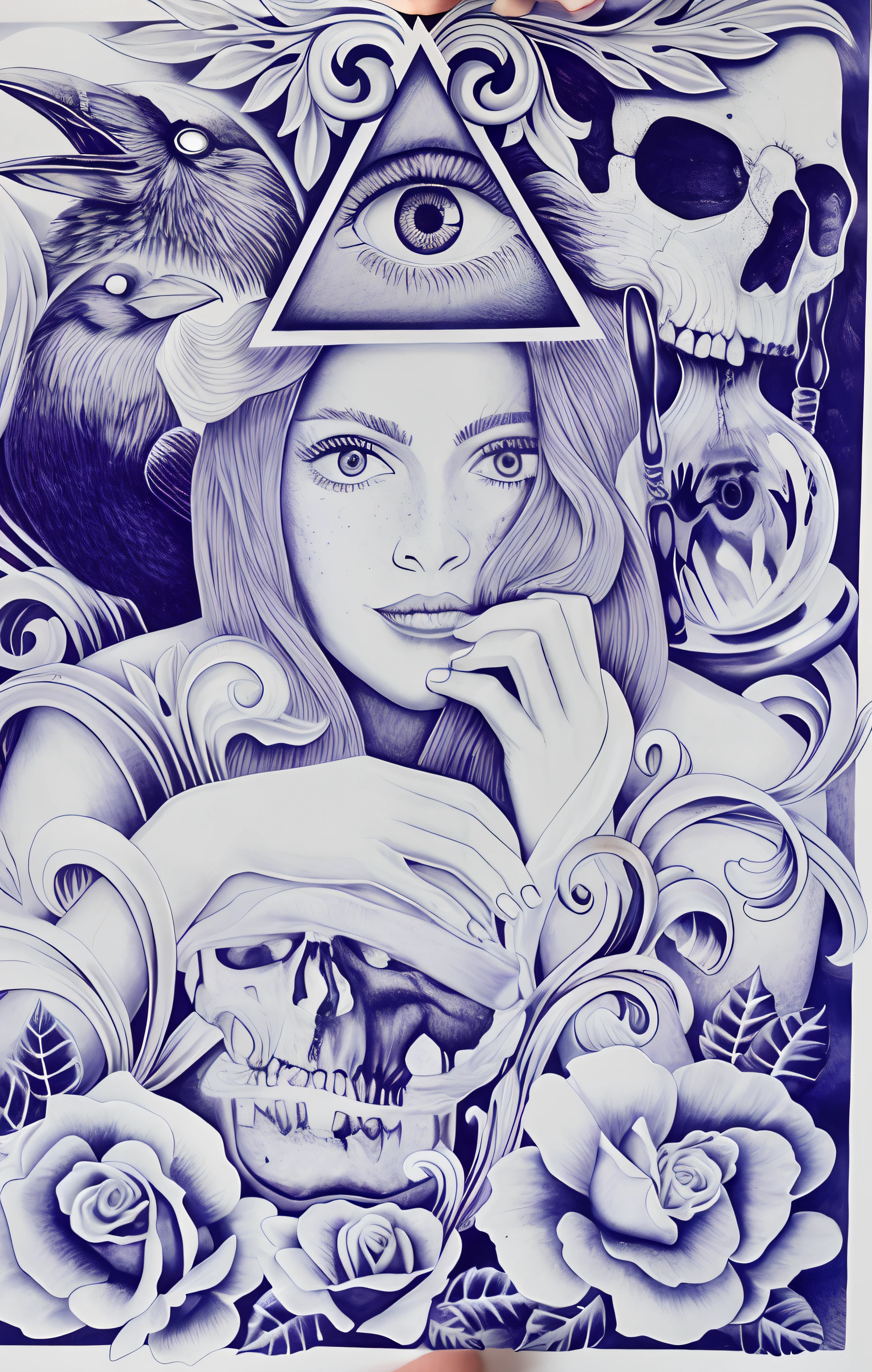 A closeup of a drawing of a woman with a skull and a bird, ballpoint pen art, drawn in ballpoint pen, ink and ballpoint, arte a tinta, ballpoint, illustration in pen an ink, mulher extremamente detalhada, Pen drawing, Directed by: Dave Arredondo, Illustration of intricate and bold paint, highly detailed and hypnotic, caneta sobre papel, retrato detalhado