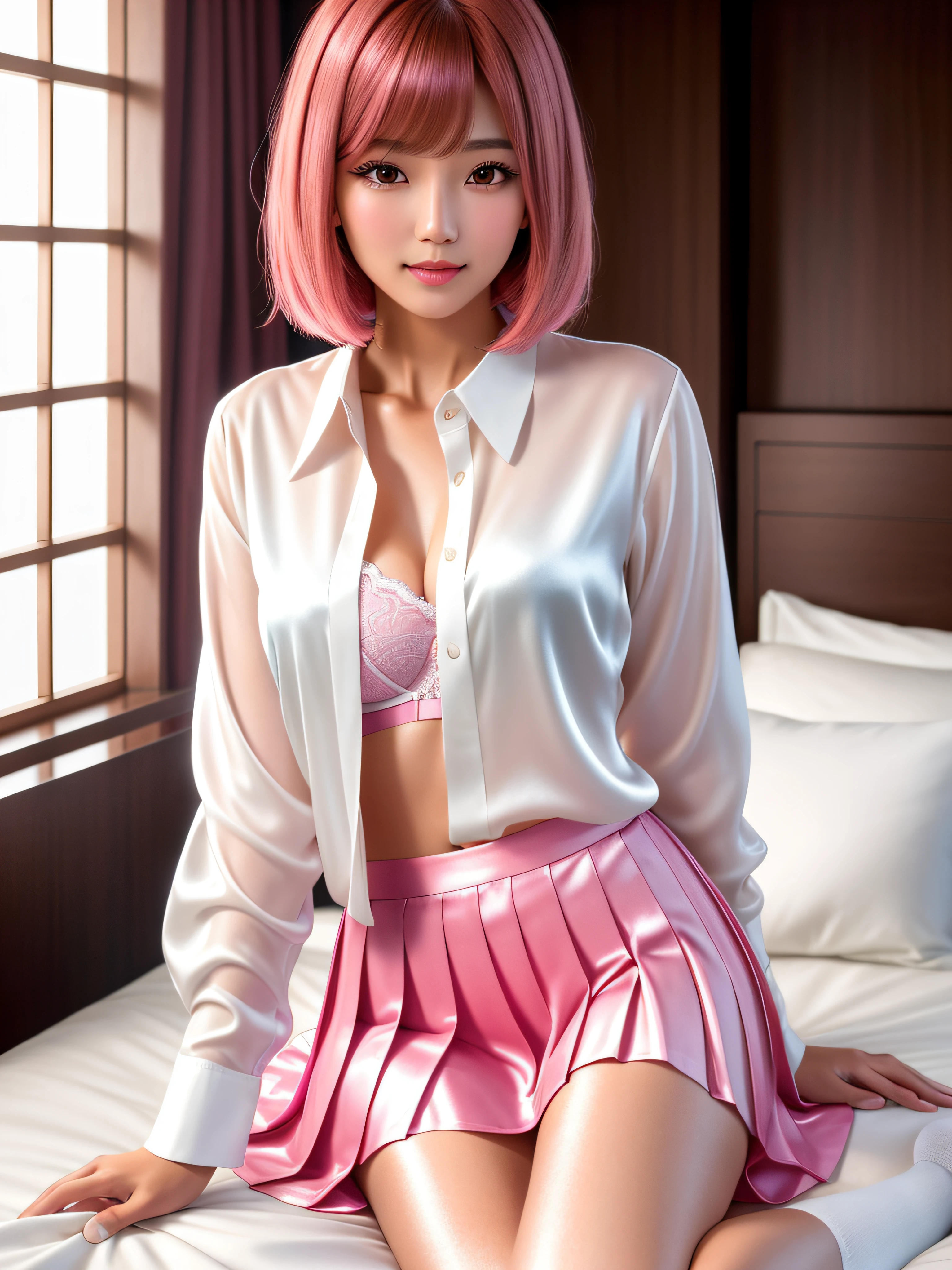 product quality, 1girl, full body shot, front view, a Japanese young pretty woman, medium bob hair, sitting on a luxury silk bed in a luxury hotel room in the night, wearing a long sleeve and white collared silky shirt , wearing a pleated long skirt, white socks, hyper cute face, glossy lips, double eyelids in both eyes, natural makeup, long eyelashes, shiny smooth light brown medium bob hair, asymmetrical bangs, a tanned skin, central image, high resolution, high detail, detailed hairstyle, detailed face, spectacular cinematic lighting, octane rendering, vibrant, hyper realistic, perfect limbs, perfect anatomy, open shirt, silk bra, pink hair