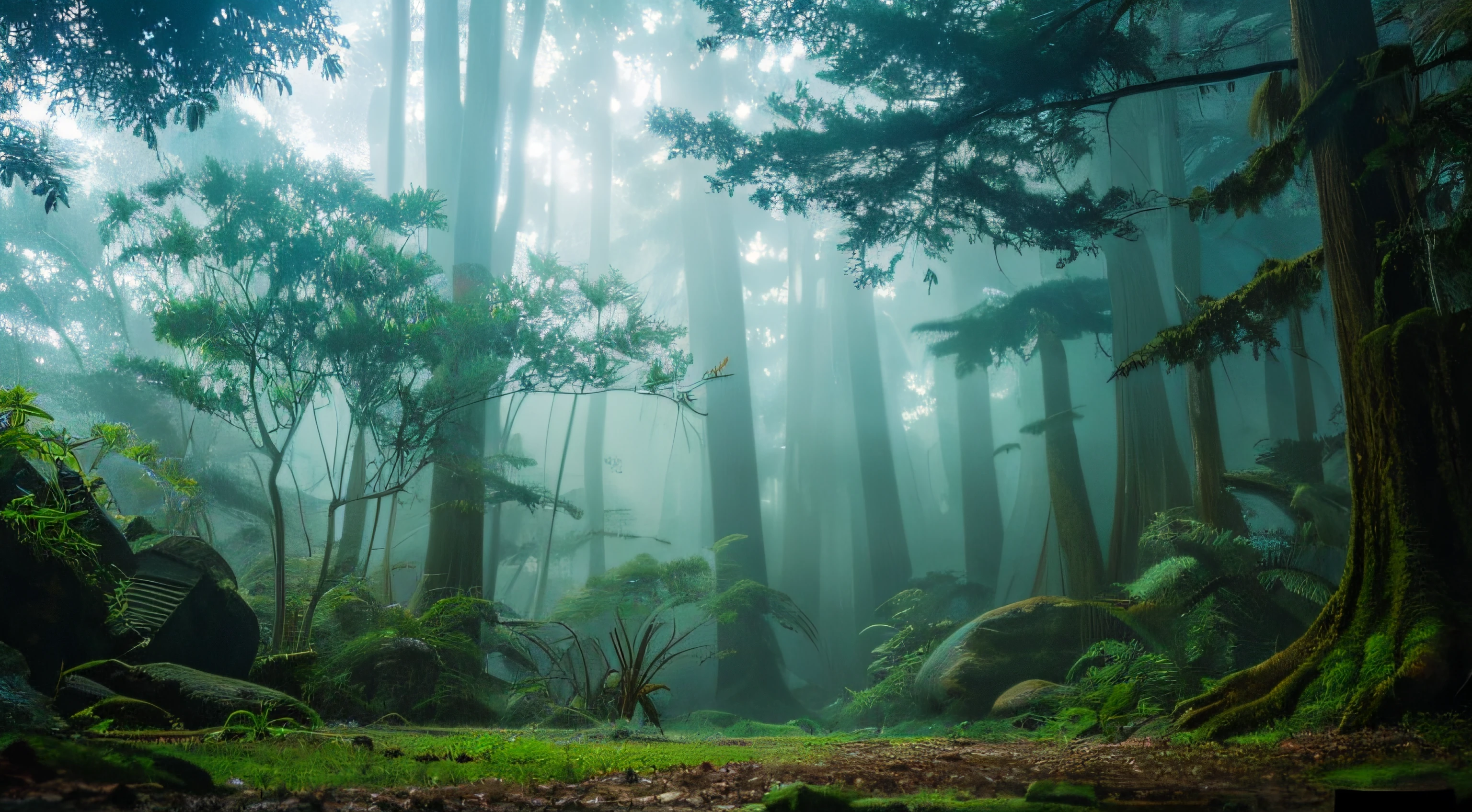 Extinct civilizations、Foggy tree々Sea of、Composition looking up、Mossy relic、Tiere、bones