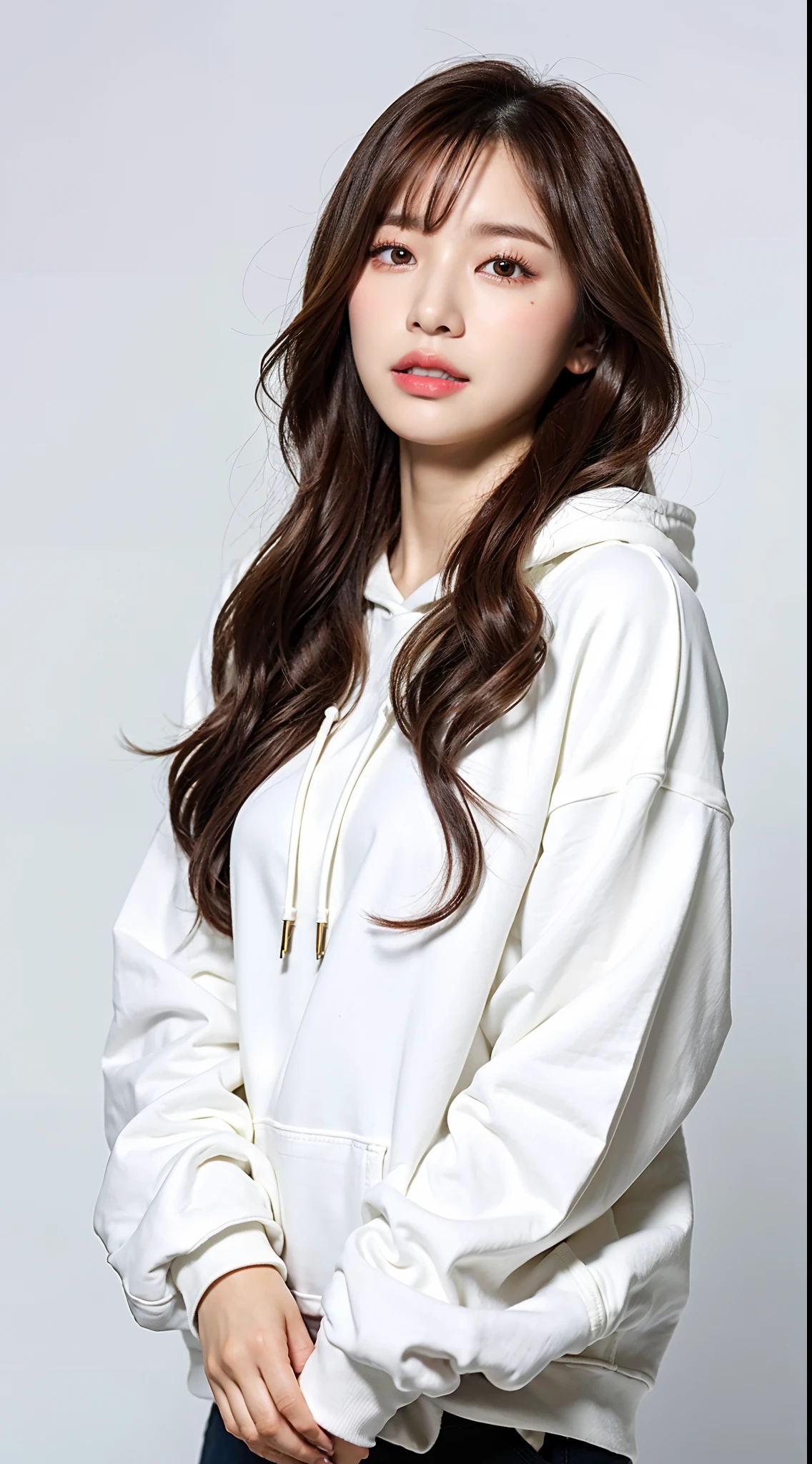 Top quality, one beautiful woman, wearing white hoodie, 35mm lens, f/1, cowboy shot, (white background: 1.3), flat chest, park