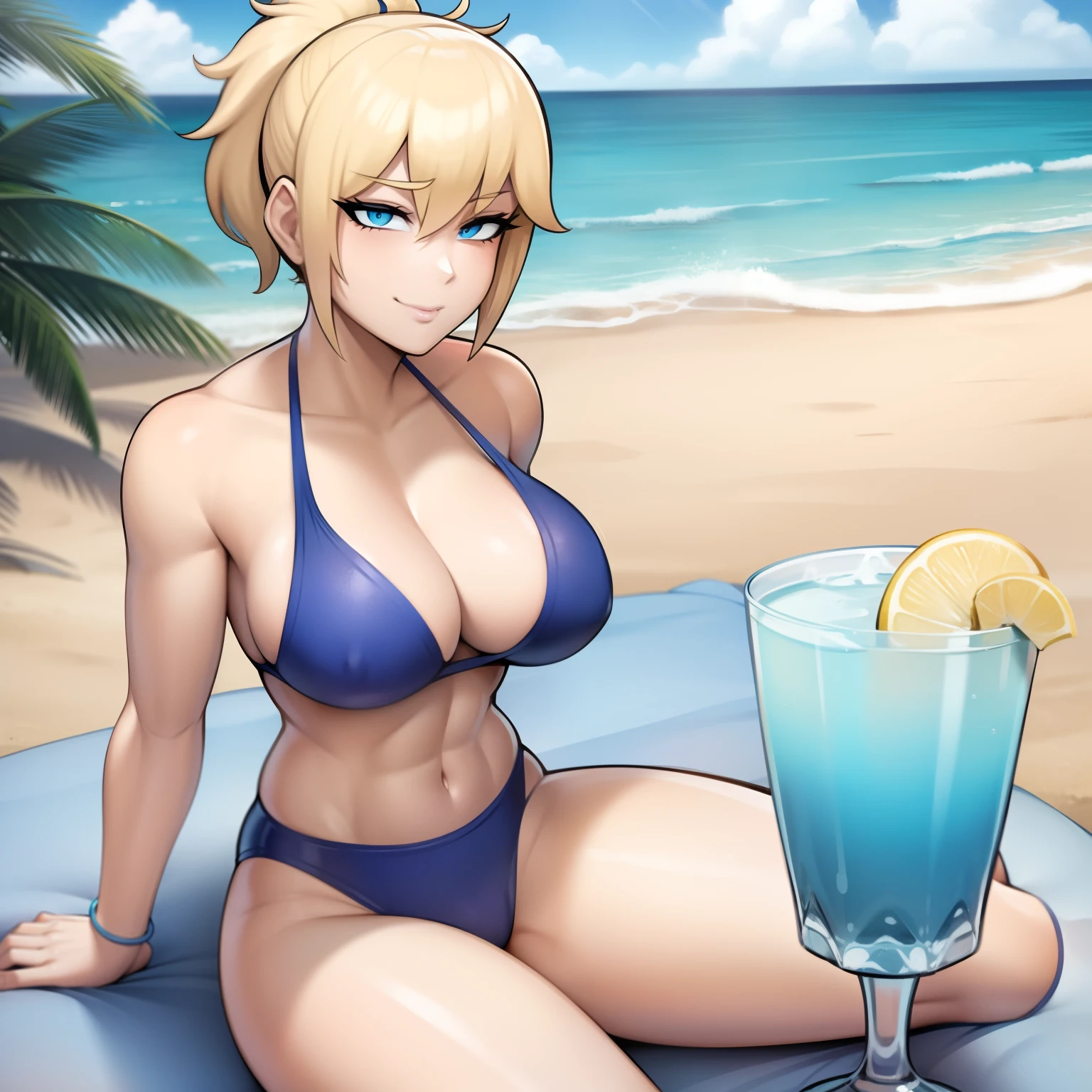 Solo girl, short blonde hair, ponytail, facing the camera, blue eyes, swimsuit, at the beach, holding a drink