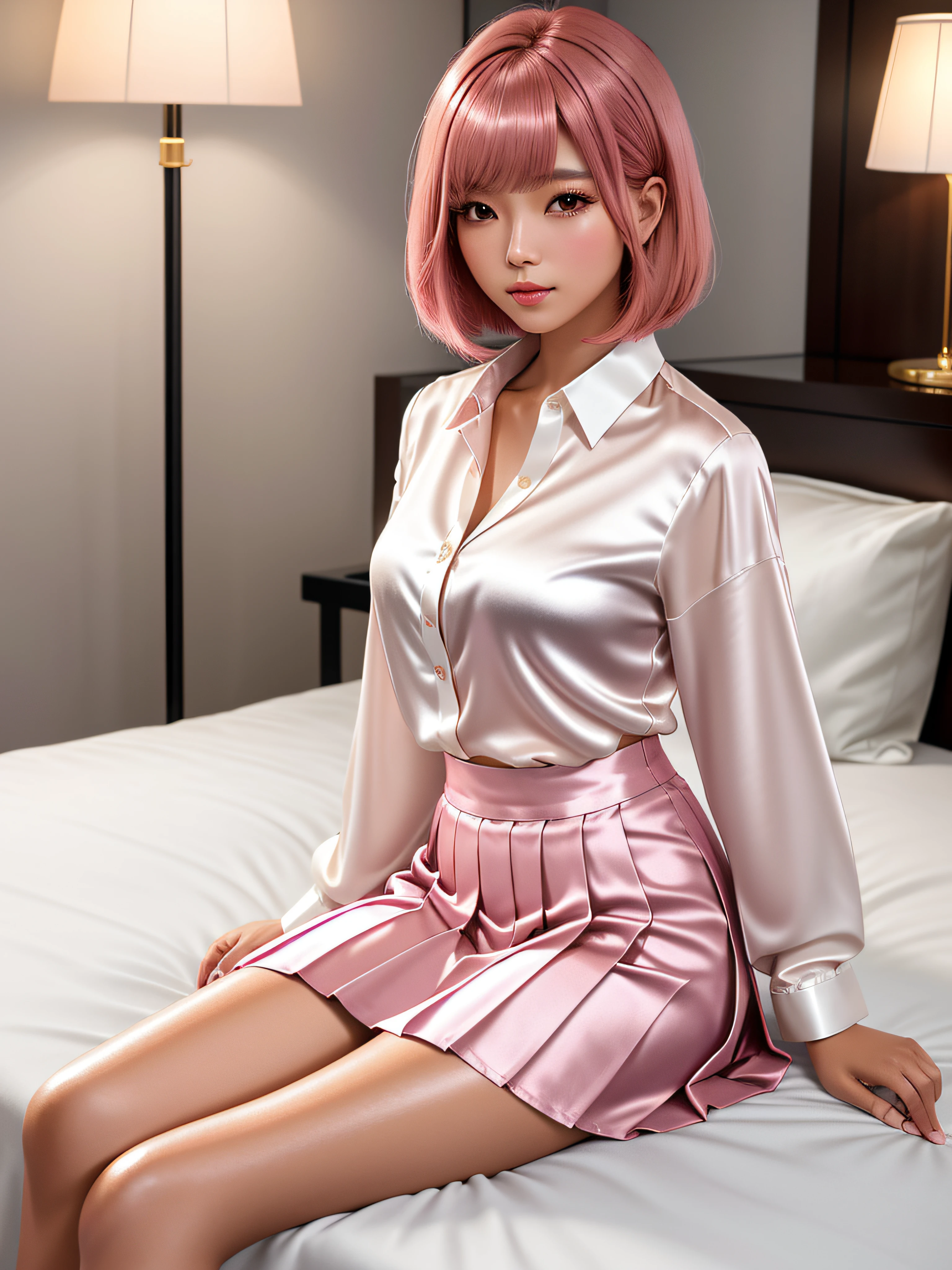 product quality, 1girl, full body shot, front view, a Japanese young pretty woman, medium bob hair, sitting on a luxury silk bed in a luxury hotel room in the night, wearing a long sleeve and white collared silky shirt , wearing a pleated long skirt, white socks, hyper cute face, glossy lips, double eyelids in both eyes, natural makeup, long eyelashes, shiny smooth light brown medium bob hair, asymmetrical bangs, a tanned skin, central image, high resolution, high detail, detailed hairstyle, detailed face, spectacular cinematic lighting, octane rendering, vibrant, hyper realistic, perfect limbs, perfect anatomy, open shirt, silk bra, pink hair