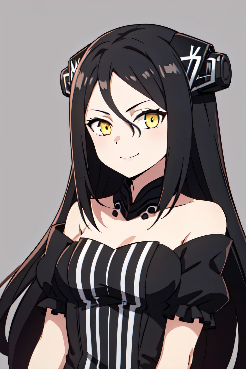 1GIRL,DREAMERNORMAL,SANGVIS FERRI,YELLOW EYES,BLACK DRESS,BARE SHOULDERS,VERTICAL STRIPES,HAIR BETWEEN EYES,HEADGEAR,DETACHED COLLAR,BLACK HAIR,HIP VENT,SHORT SLEEVES, 1girl, solo, upper body, facing viewer, looking at viewer, smile.