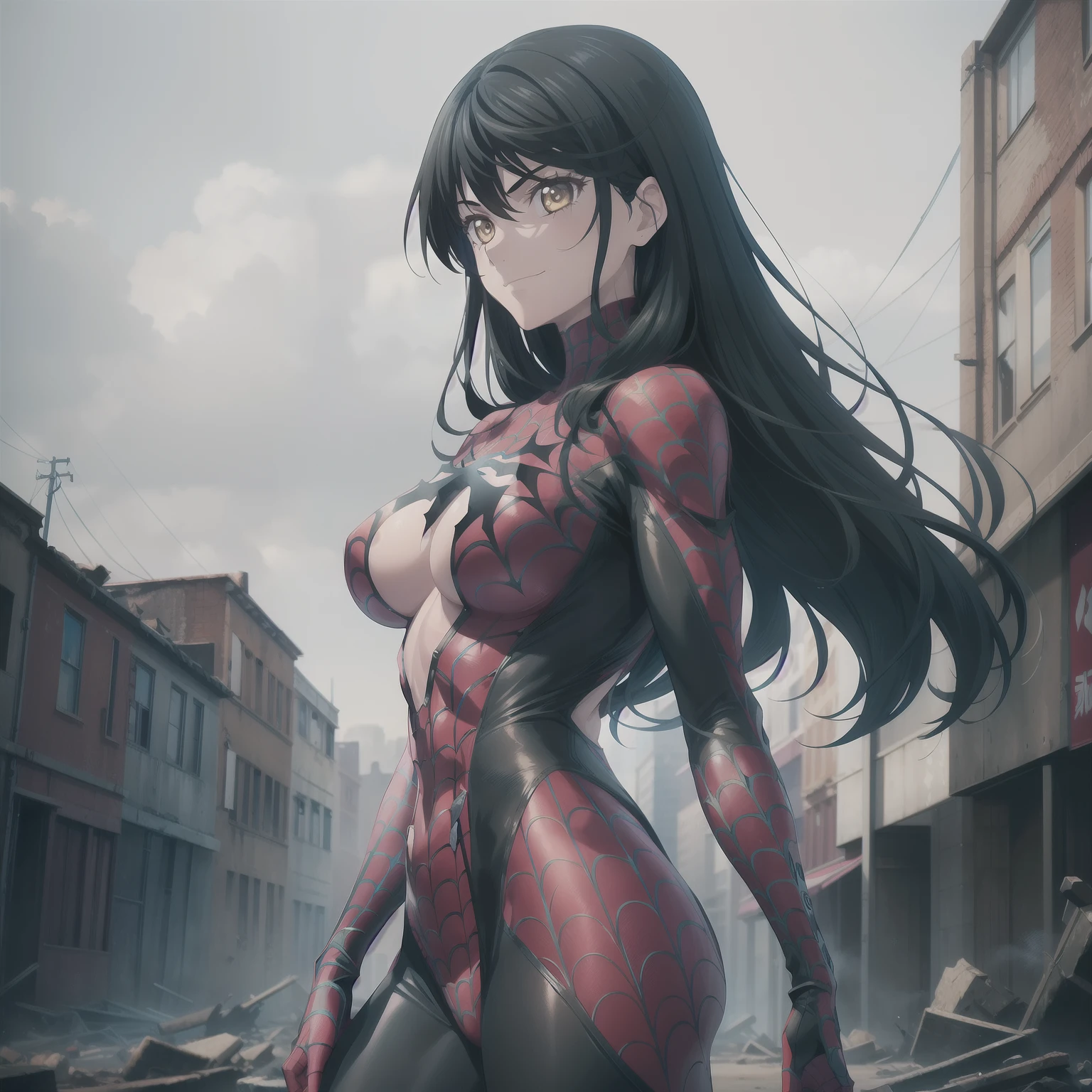 1girl,big breasts,standing in ruined city,(8k),scratches,detailed face,black hair,yellow eyes,big hair,embarassed,small smile face,high_res, high_definition,the battlefield,Heroic pose,dark suit,(symbiote spider man Custome:1.1),