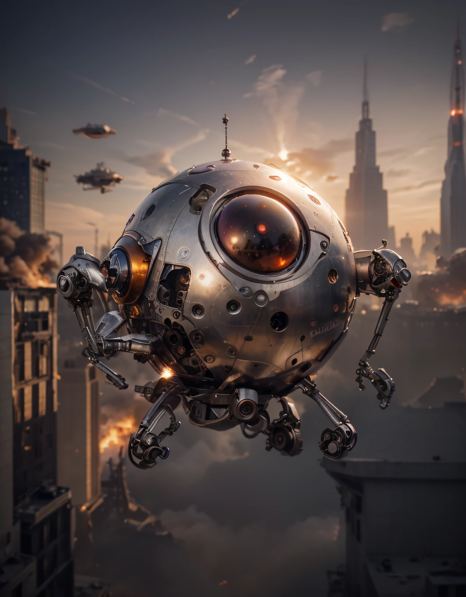 Art deco style spherical droid is metallic, metal texture, has mechanical appendages, has purple cyborg eyes, sunset is in a completely destroyed city on fire, smoke and debris, flying saucers in the sky, ultra realistic, Ultra detailed, Hyper realistic, 4k , Ultra detailed image, realistic, Highly detailed, perfect composition, beautiful intricately detailed incredibly detailed, 8K fine art photography, hyper detailed, Masterpiece