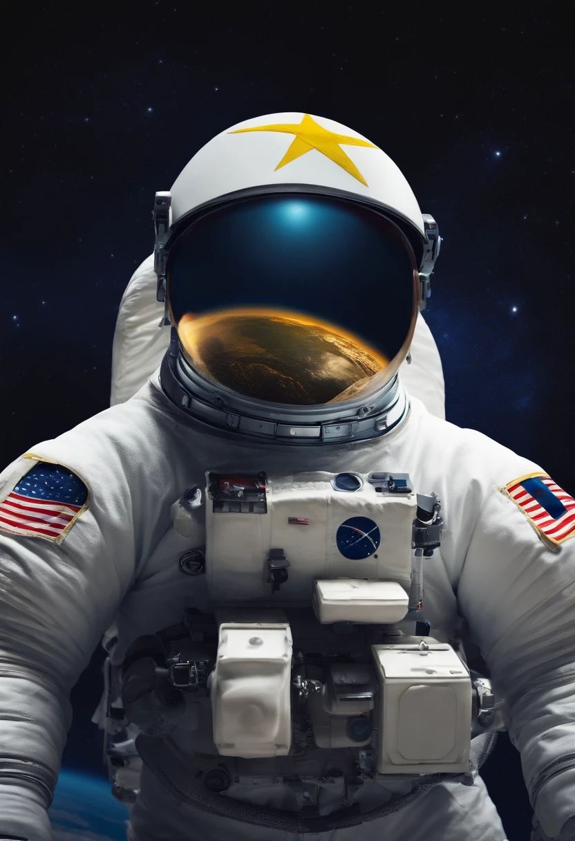 create a realistic astronaut with no face and an R of registered in a black background