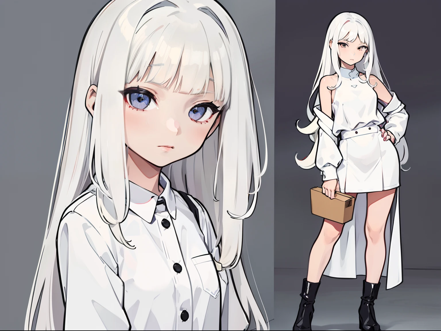 a matural female,Parted bangs,white color hair,Long hair with micro-curls,Standing painting,Character drawings,front-facing view,Tall one