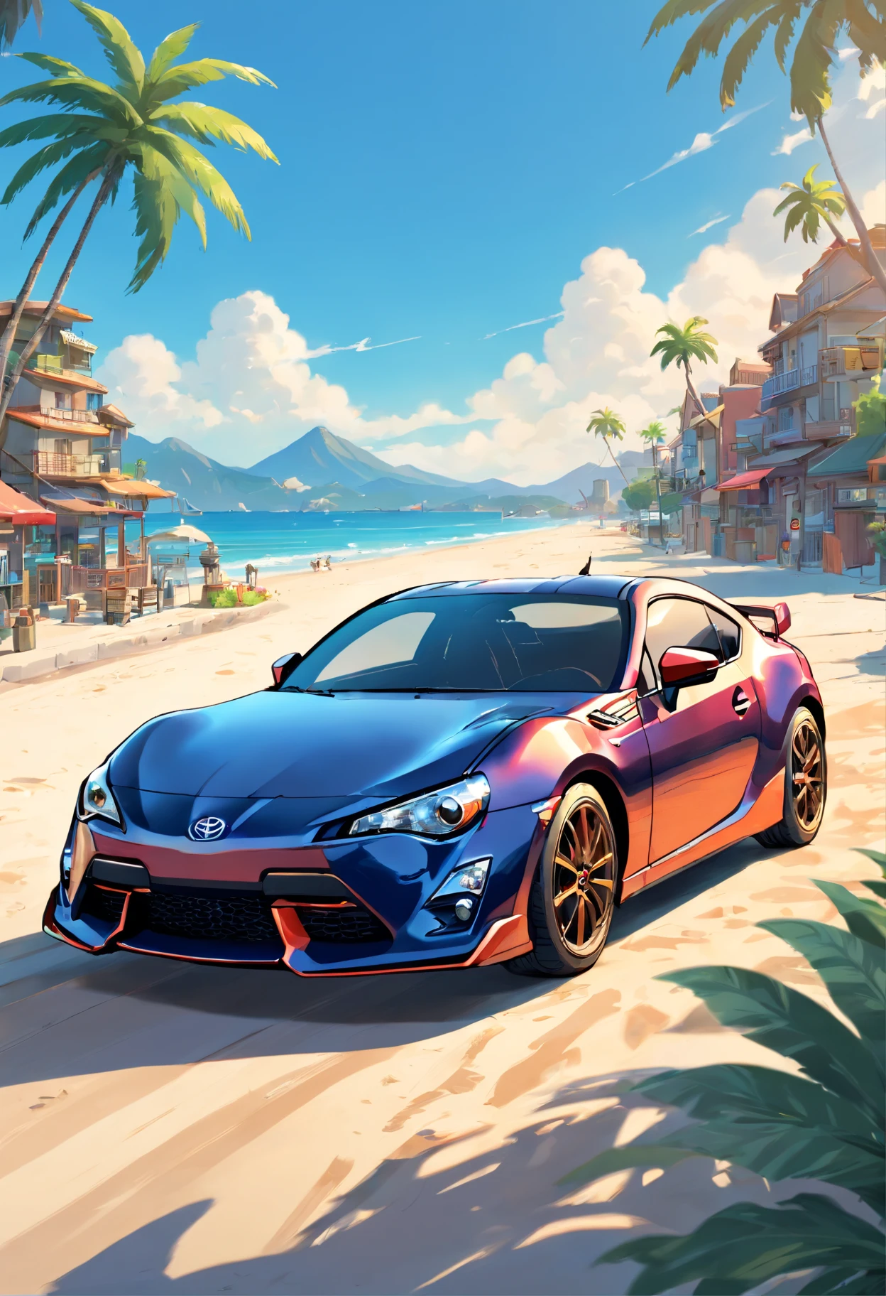 Sticker design, toyota gt86 car, beach background, Palm trees, 5 colors of layers, Corner Street, Beleq drum, Presean, car in black color
