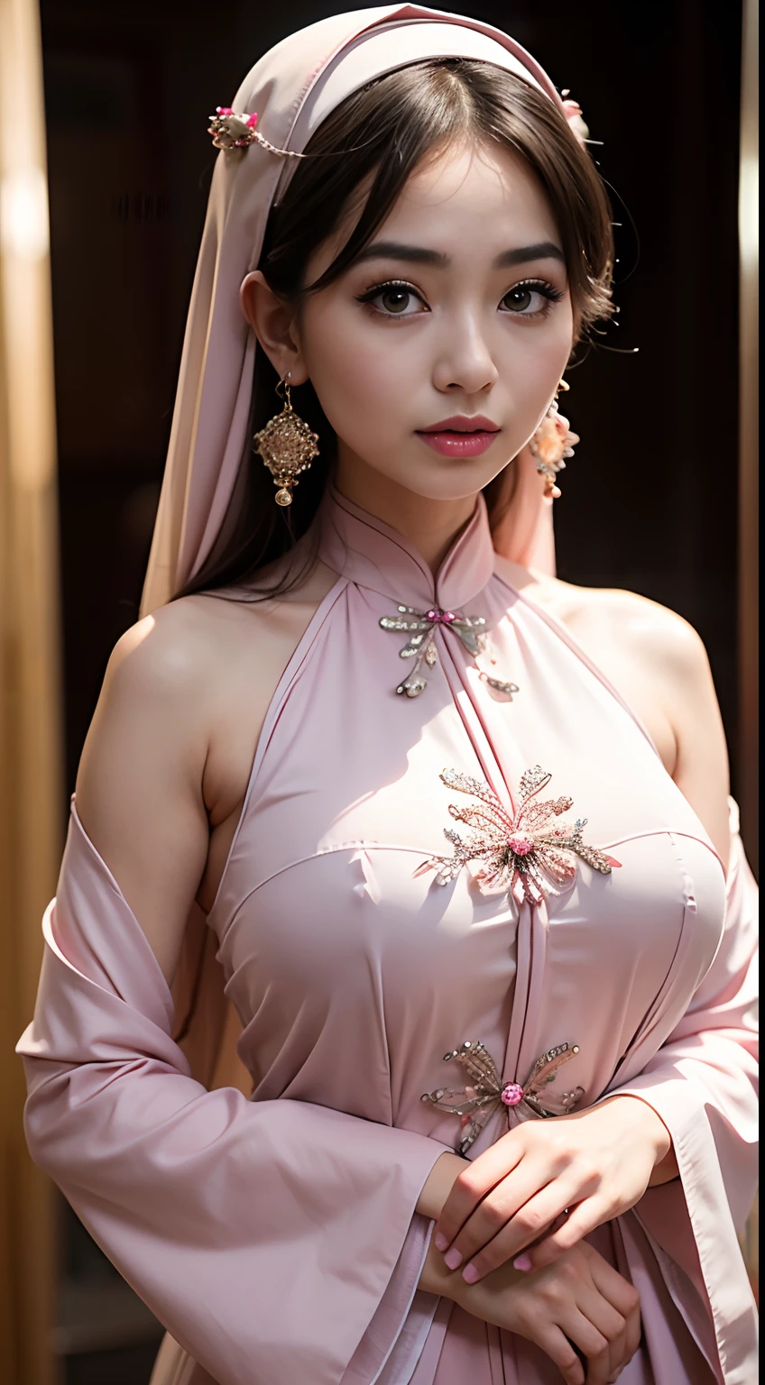 RAW, Best quality, high resolution, Masterpiece: 1.3), 1 Beautiful Malay woman in hijab, Masterpiece, Perfect slim body, ((Big breasts)), Beautiful big eyes, watery eyes, big eyes, glossy lips, smilling, 1 realistic beautiful girl malay in hijap, black eyes, ancient Ao Dai, hanfu style, wearing ancient Chinese thin silk shirt, smooth pink and white skin, wearing hidden ancient style ao dai, showing shoulders and head in the photo, cute little face, sac eyes with wet makeup, plump red lips, pouting, ((closed mouth: 1.0)), balanced incisors, shy, small facial makeup is detailed and very beautiful, Super round and firm breasts, breast enlargement, not yet breasts, Cover the girl's chest with camisole inside, blush, from front, wearing earrings, necklace, from above, looking at viewer, upturned eyes, full body, masterpiece, best quality, best quality, official art, unity 8k wallpaper, highres, very high resolution , highly detailed, (photorealistic:1.2), alone, solo, Only 1 girl, Dunhuang hanfu style, 10x pixels, super realistic, very high quality, full body view of the girl, upper body,