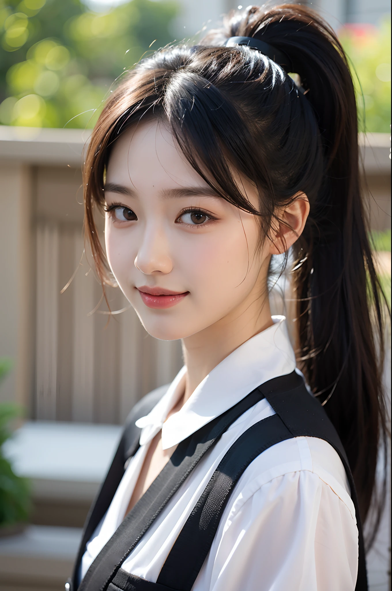 1chinese girl, bangs & ponytail hairstyles, looking at viewer, smiling, school background