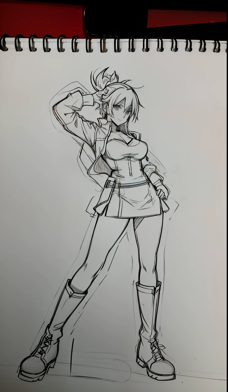 drawing of a woman in a short skirt and boots, anime sketch, female protagonist 👀 :8, anime style character, thick outline, realistic proportions!!, casual pose, character is in her natural pose, realistic proportions sfw, anime pose, fighter pose, anime character, clean anime outlines, rough sketch, full body portrait of a short!, loose pencil sketch, line sketch!!