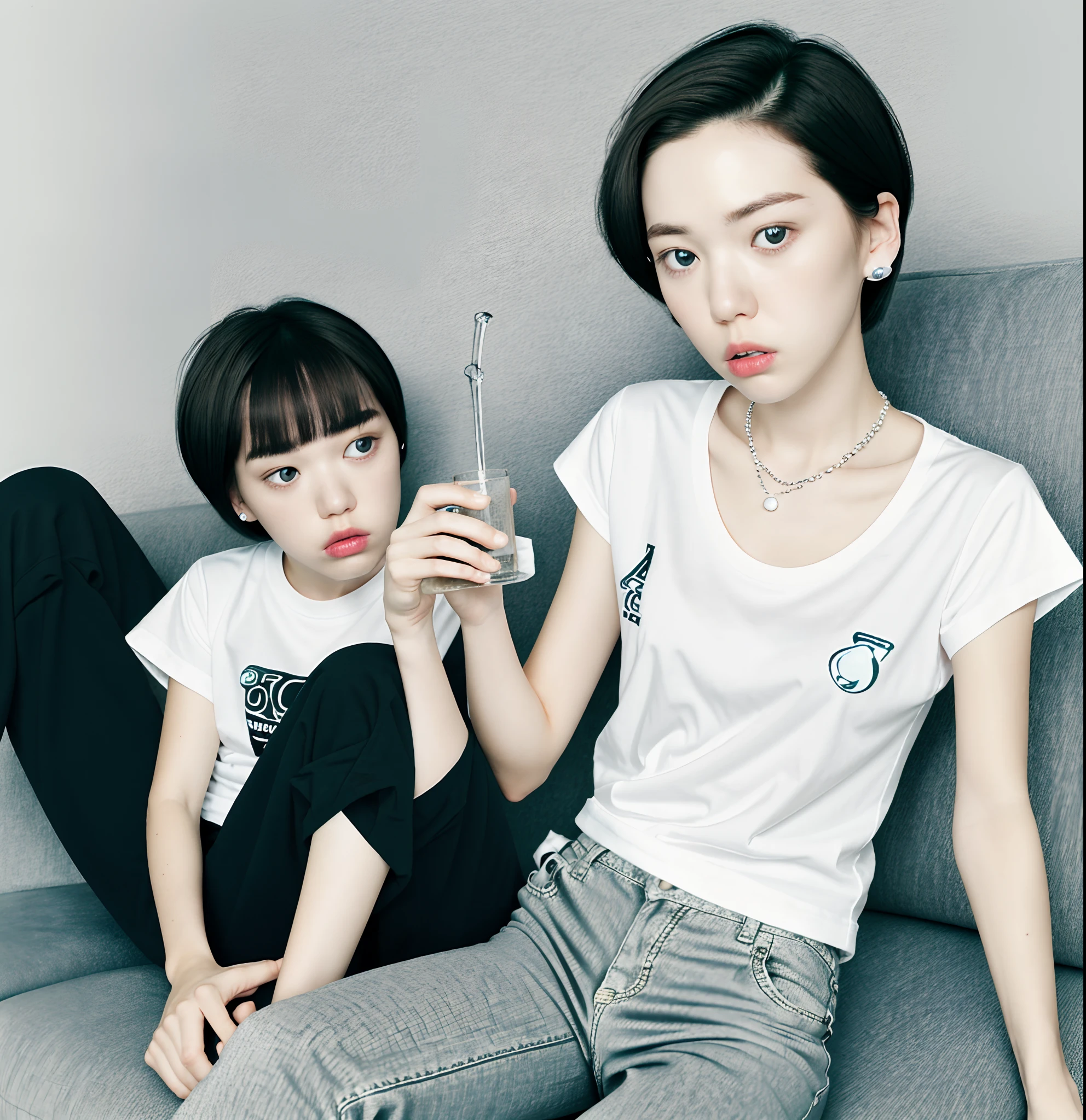250 (18 year old female and 18 year old male), (short hair),kind, lipstick, (jeans), (Animal characterTshirt), smile