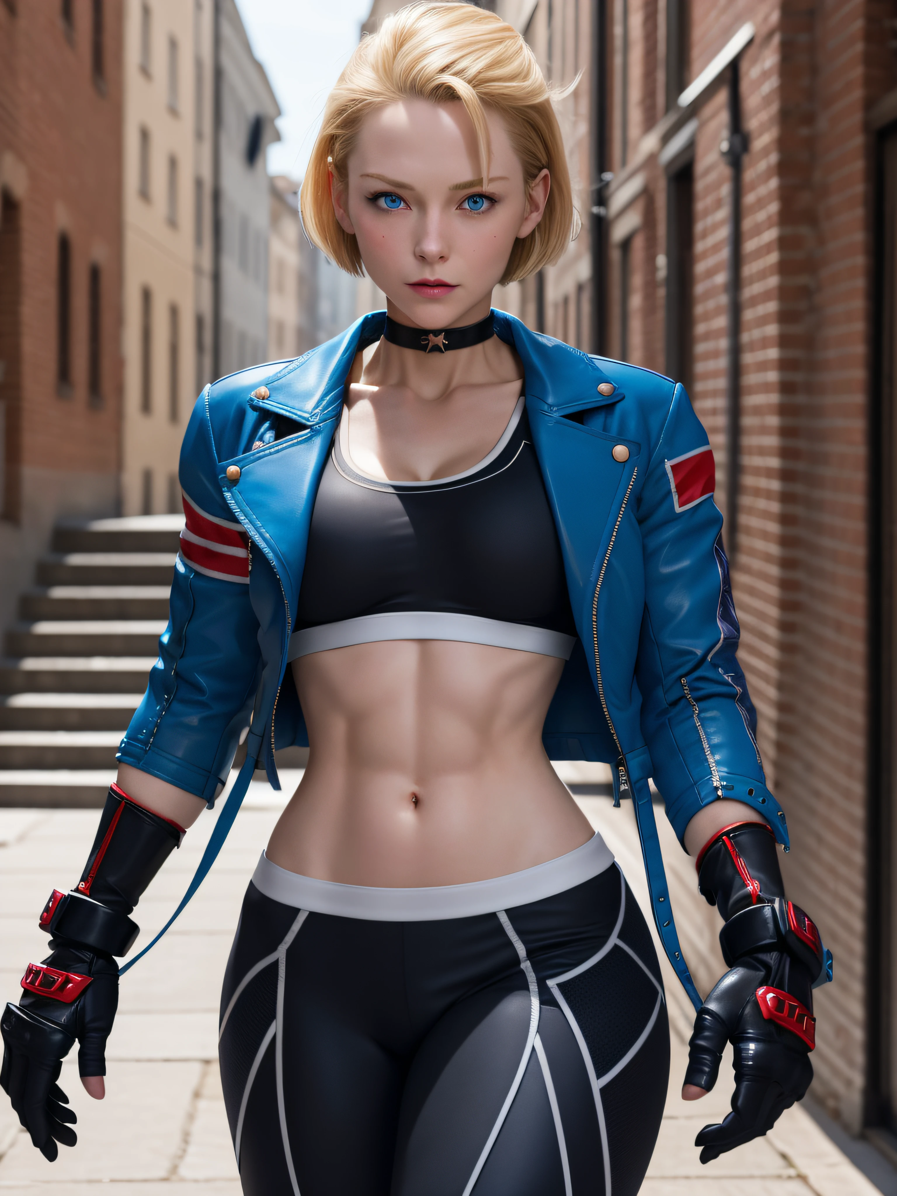 masterpiece, best quality, highres, 1girl, cammy white, short hair, antenna hair, blue eyes, scar on cheek, large breasts, black choker, collarbone, blue jacket, cropped jacket, open jacket, sports bra, midriff, fingerless gloves, black gloves, black pants, standing, cowboy shot, stair, outdoors,