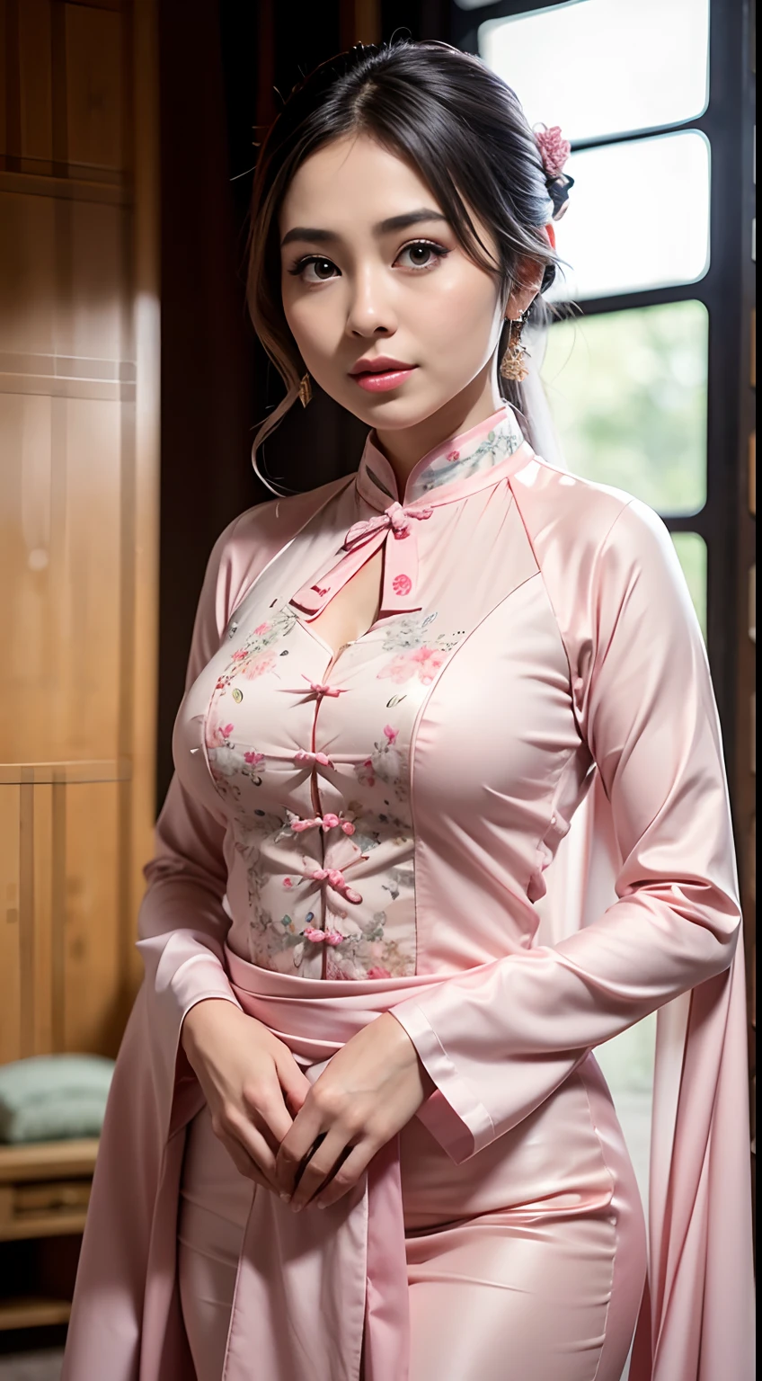 RAW, Best quality, high resolution, Masterpiece: 1.3), 1 Beautiful Malay woman in hijab, Masterpiece, Perfect slim body, ((Big breasts)), Beautiful big eyes, watery eyes, big eyes, glossy lips, smilling, 1 realistic beautiful girl malay in hijap, black eyes, ancient Ao Dai, hanfu style, wearing ancient Chinese thin silk shirt, smooth pink and white skin, wearing hidden ancient style ao dai, showing shoulders and head in the photo, cute little face, sac eyes with wet makeup, plump red lips, pouting, ((closed mouth: 1.0)), balanced incisors, shy, small facial makeup is detailed and very beautiful, Super round and firm breasts, breast enlargement, not yet breasts, Cover the girl's chest with camisole inside, blush, from front, wearing earrings, necklace, from above, looking at viewer, upturned eyes, full body, masterpiece, best quality, best quality, official art, unity 8k wallpaper, highres, very high resolution , highly detailed, (photorealistic:1.2), alone, solo, Only 1 girl, Dunhuang hanfu style, 10x pixels, super realistic, very high quality, full body view of the girl, upper body,
