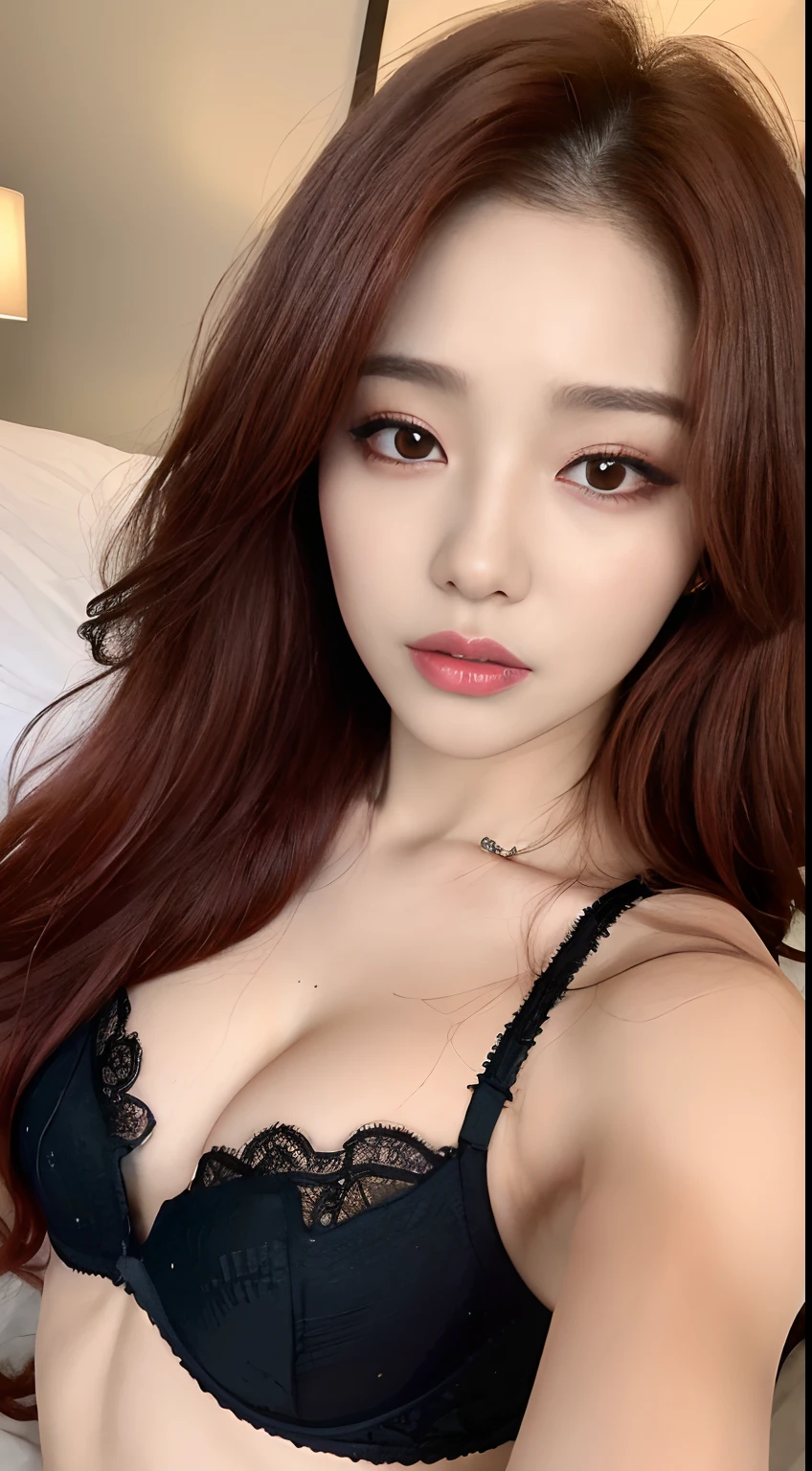 (Best Quality, 8k, 32k, Masterpiece, UHD:1.3), (kpop idol:1.3), 1 Girl, (small Boobs:1.2), (whole body,red wavy hair), Abs, Perfect Body, Ultra Detailed Face, Detailed Lips, Fine Eyes, double eyelids, lace corset, on the bed, (seductive), ((aroused:1.5)), front low view