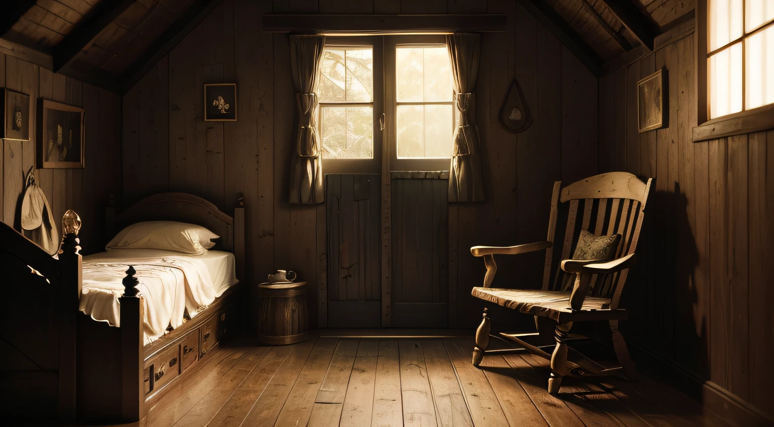 (murky, Wooden cabin), (marionette:1.1), (creepy, eery:1.2), (oud, worn-out:0.9), (Abandoned:1.1), (Mysterious:1.1), (Hanging with thin threads, lifeless:0.9), [Broken, dilapidated:0.9], [Faded, Pale colors:0.9], (Soft, Dim lighting), [Rustling leaves:0.8], (Vintage style), [Minimalist:0.9], (cracked paint), (old-fashioned, nostalgic:1.1), (Isolated in the woods), (Rustic, authentic:1.1), (Vivid, contrasted colors), (Uneven wooden floor), (Scattered with antique dolls), (mystic atmosphere), (Hidden secrets), (Twisted, Distorted representation), (Uncanny Valley), (Convoluted, delicate craftsmanship), (Squeaky doors), (Unforgettable atmosphere), (subtle, Spooky music in the background), (Stitch Detail), (Forgotten memories), (Forgotten and lost in time), (Enchanted, Enchanted:1.1), (Waiting to come back to life).