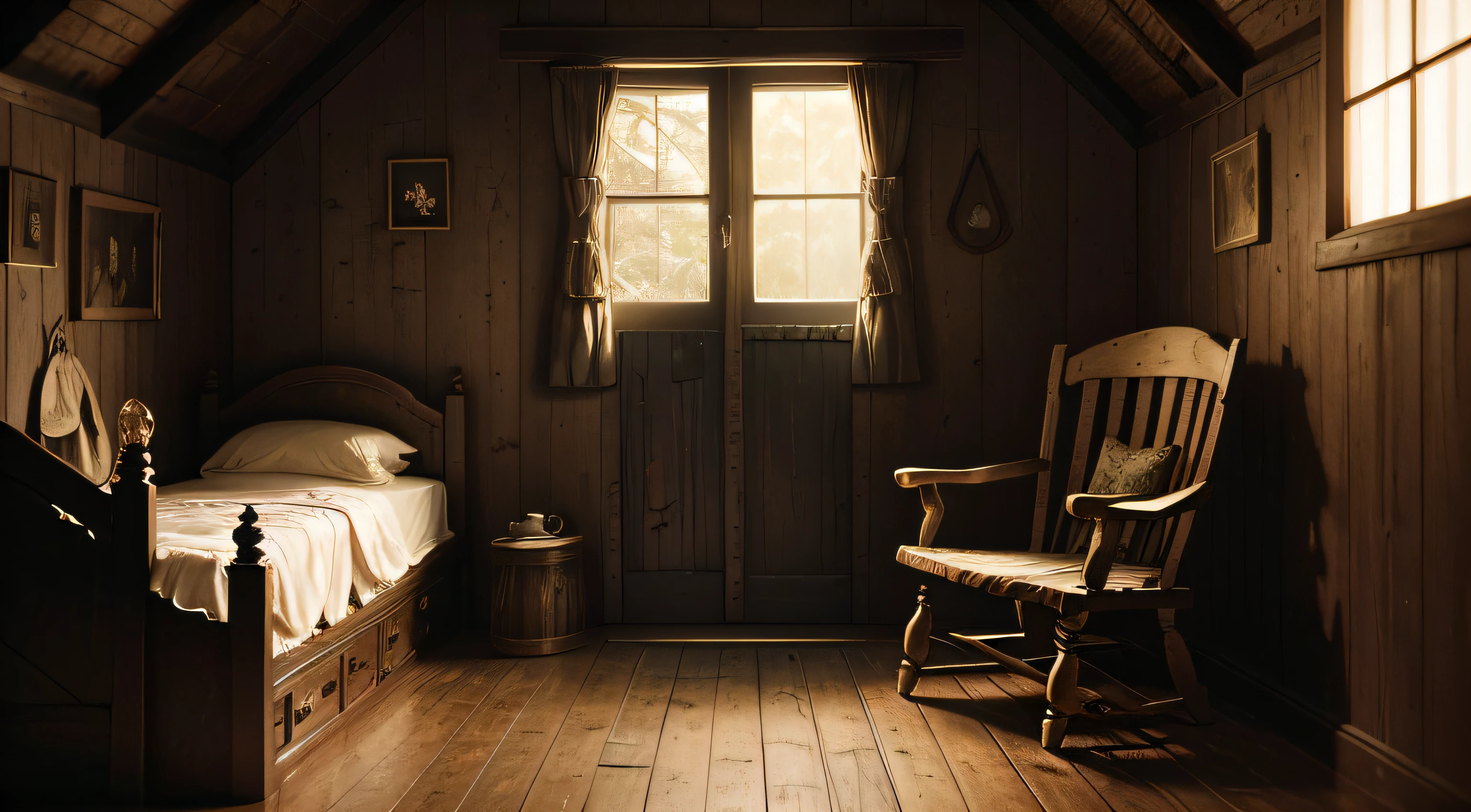 (murky, Wooden cabin), (marionette:1.1), (creepy, eery:1.2), (oud, worn-out:0.9), (Abandoned:1.1), (Mysterious:1.1), (Hanging with thin threads, lifeless:0.9), [Broken, dilapidated:0.9], [Faded, Pale colors:0.9], (Soft, Dim lighting), [Rustling leaves:0.8], (Vintage style), [Minimalist:0.9], (cracked paint), (old-fashioned, nostalgic:1.1), (Isolated in the woods), (Rustic, authentic:1.1), (Vivid, contrasted colors), (Uneven wooden floor), (Scattered with antique dolls), (mystic atmosphere), (Hidden secrets), (Twisted, Distorted representation), (Uncanny Valley), (Convoluted, delicate craftsmanship), (Squeaky doors), (Unforgettable atmosphere), (subtle, Spooky music in the background), (Stitch Detail), (Forgotten memories), (Forgotten and lost in time), (Enchanted, Enchanted:1.1), (Waiting to come back to life).