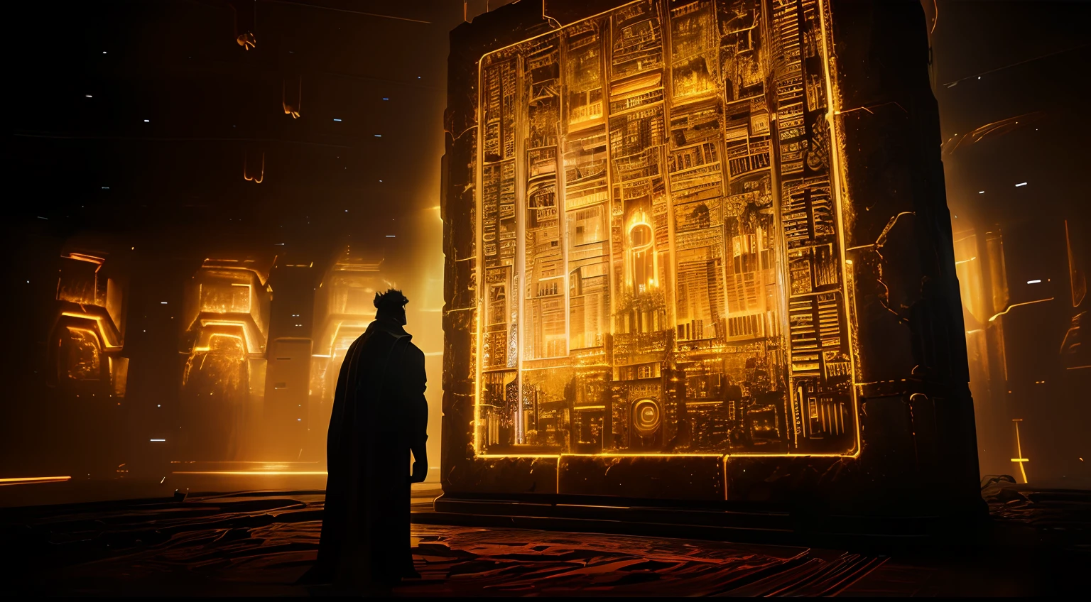 arafed image of a man standing in front of a large golden wall, ancient cyberpunk 8k resolution, blade runner artifacts, dramatic lighting. concept art, beeple and jean giraud, ancient mystic time lord, still from a ridley scott movie, depicted as a scifi scene, unreal engine 5 render dramatic, in lighting of blade runner 2049