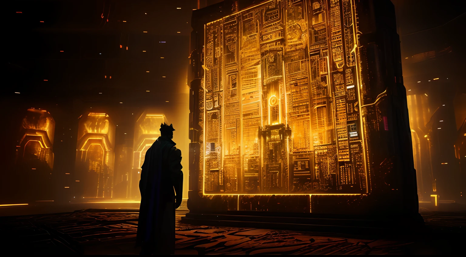 arafed image of a man standing in front of a large golden wall, ancient cyberpunk 8k resolution, blade runner artifacts, dramatic lighting. concept art, beeple and jean giraud, ancient mystic time lord, still from a ridley scott movie, depicted as a scifi scene, unreal engine 5 render dramatic, in lighting of blade runner 2049