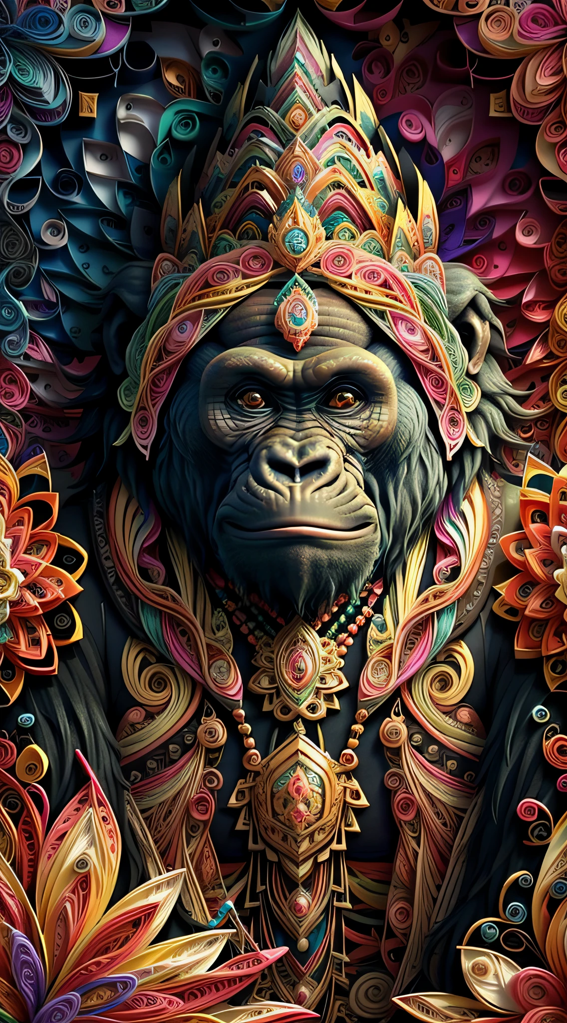 Gorilla facing the front、up of face、Multidimensional quilling paper、art by、Fractal art、Chibi、 yang08k、Beautiful fece、colourfull、 masterpiece、top-quality、top-quality、Official Art、Beautifully Aesthetic、((8K Ultra Real))、