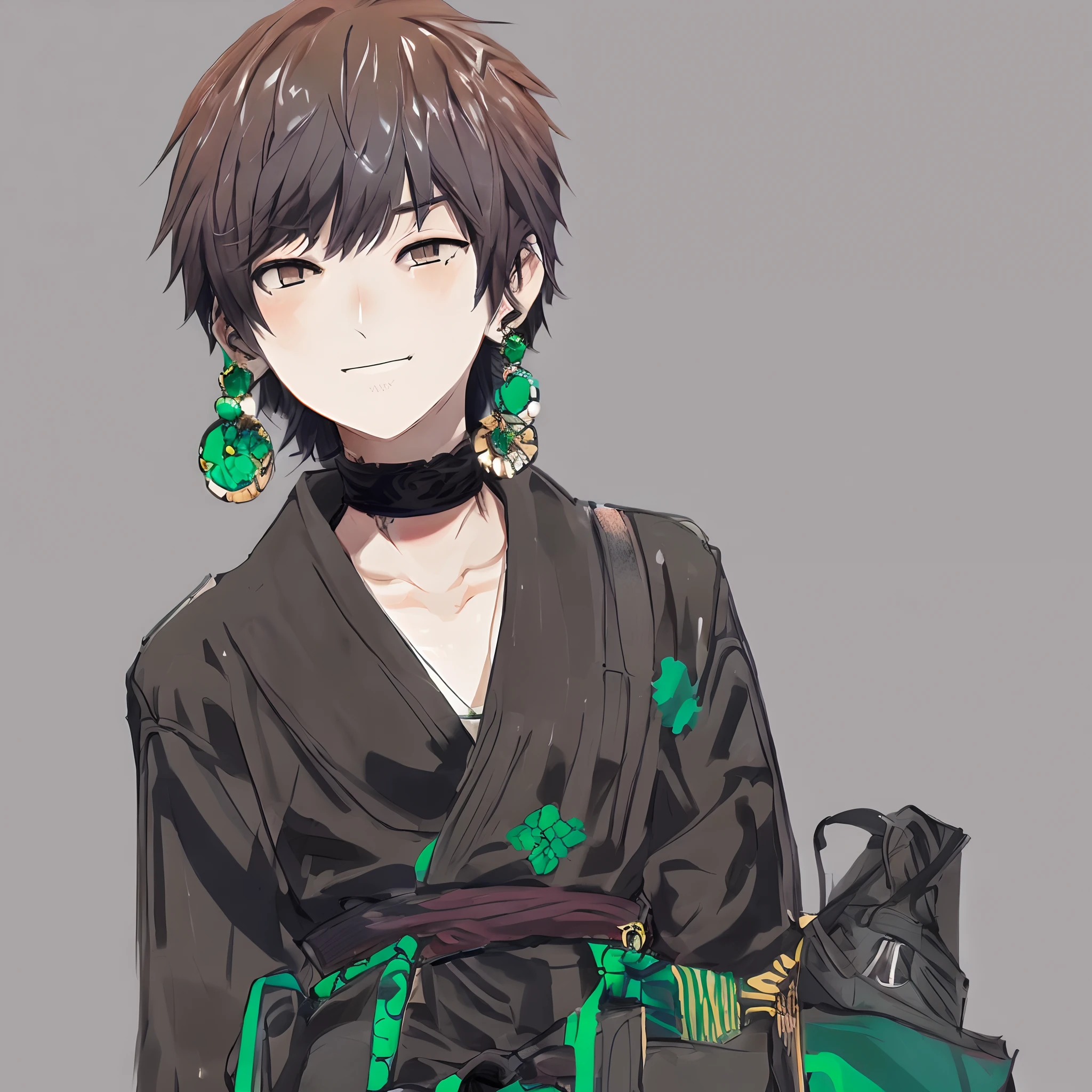 Jujutsu kaisen art style, girl with short brown hair with green tips and bangs, wearing earrings