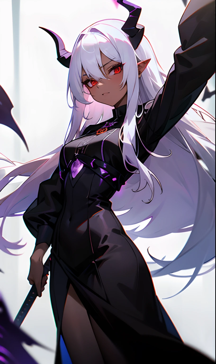 Tall woman with big chest long white hair with black demon horns on her head wearing a black outfit with horns holding a black sword with purple energy coming out of her red eyes brown skin