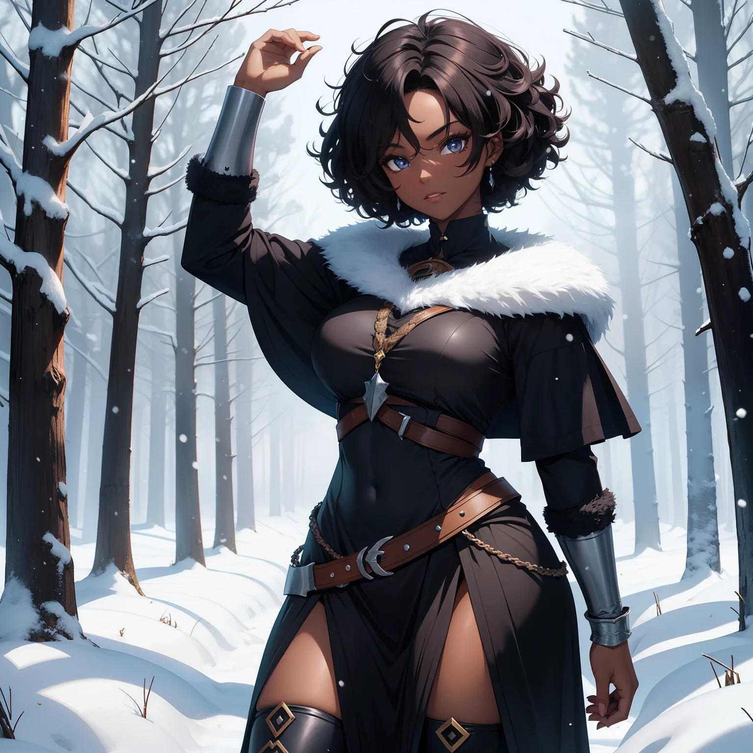 Dark skin woman. Dark Hair. Short Curly Hair. Berserker Woman. Medieval art. Snow Forest