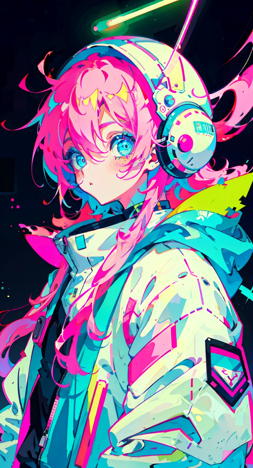 anime girl, wearing astronaut suit, neon pink and blue colors, scars, stickers, neon style of whole shot