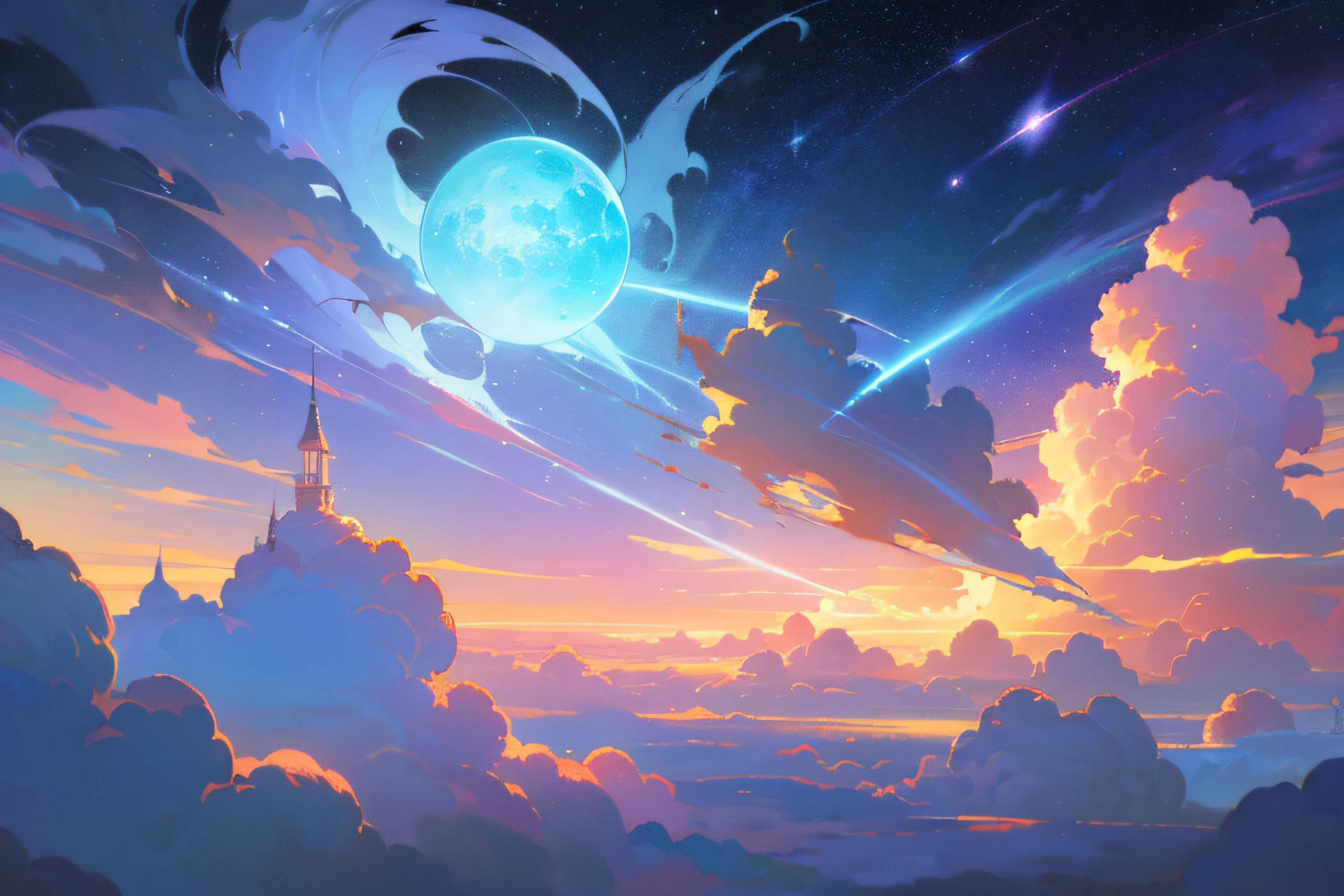 (Best quality),(masterpiece),(ultra detailed),(high detailed),(extremely detailed),Subject: Anime Sky Dreamscapes Medium: Digital illustration or traditional painting. Resolution: 4000x2000 pixels. Color Palette: Soft pastel colors with a mix of vibrant hues. Mood: Magical, ethereal, and serene. Composition: Expansive skies with floating islands, whimsical clouds, and other dreamlike elements. Lighting: Soft, diffused lighting with a warm, golden glow. Style: Anime-inspired with a touch of fantasy and surrealism. Details: Include elements such as shooting stars, colorful nebulae, fluffy clouds, and mystical creatures. Inspiration: Anime fantasy worlds, Studio Ghibli films, surreal art, and celestial imagery. Camera Setup: None (since it's a digital illustration). Additional Notes: Emphasize the vastness and beauty of the sky by creating a sense of depth and space. Experiment with various cloud formations and shapes, ranging from fluffy cumulus clouds to wispy cirrus clouds. Incorporate celestial elements like moons, stars, and galaxies to enhance the dreamy atmosphere. Use soft brush strokes and blending techniques to create a seamless and ethereal look. Play with lighting effects, such as gentle rays of sunlight or glowing orbs, to add a magical touch. Consider adding whimsical creatures like flying dragons or floating jellyfish to bring a sense of wonder to the scene. Don't be afraid to let your imagination soar and create a dreamlike world that captures the essence of anime fantasy.