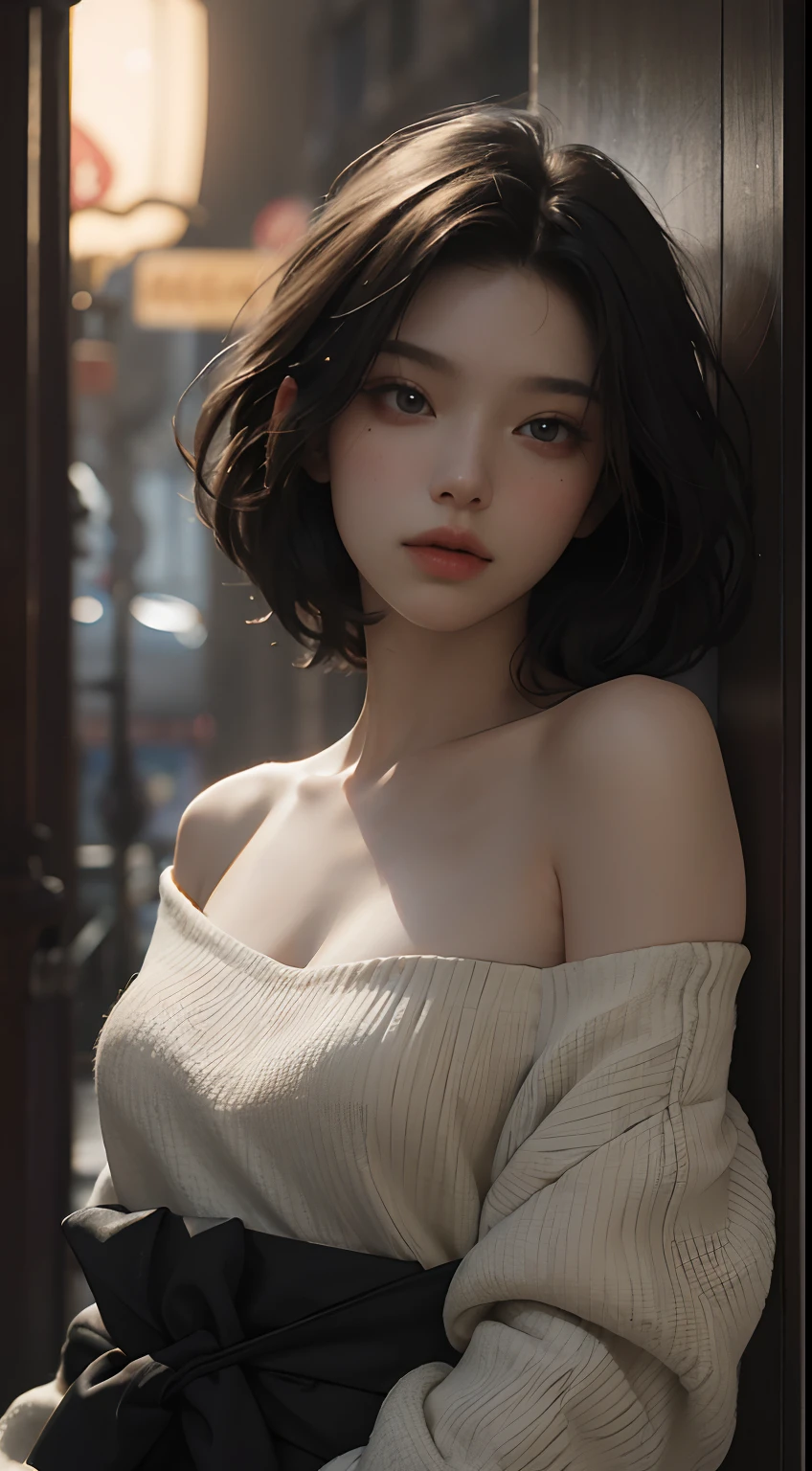 Best Quality, Masterpiece, Ultra High Resolution, (Realisticity: 1.4), Original Photo, 1girl, Off-the-Shoulder, Cinematic Lighting.