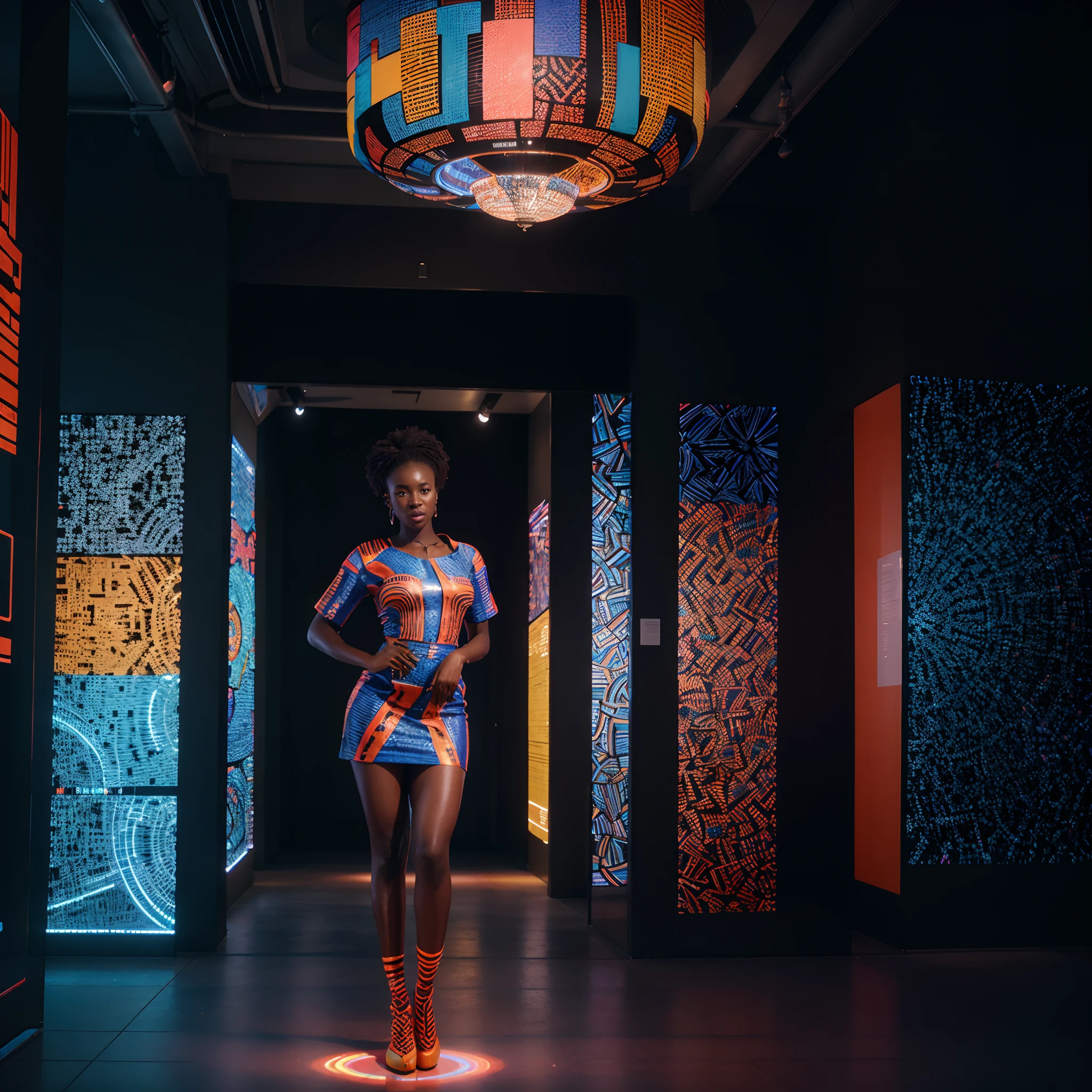Wide angle shot of an African woman dressed in neon lit African designed clothes, standing in museum full of QR code sculptures, QR code sculptures and art work shining blue and red light, with iridescent light, 32k, ultra HD, unreal engine rendered, cinematic lighting, artgerm style