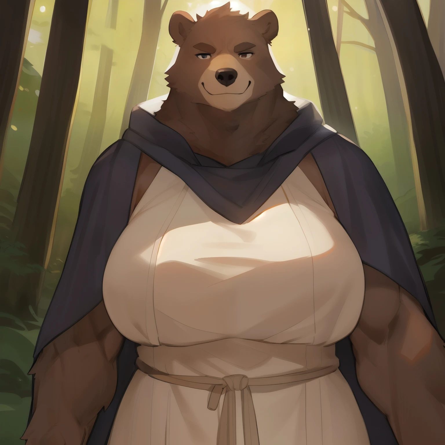 By bebebebebe, solo, female, muscular, giant, massive, enormous, gigantic, buff, biceps, abs, smirking, hair, bear, snout, long snout, brown fur, dramatic lighting, big breasts, forest, linen tunic, cloak