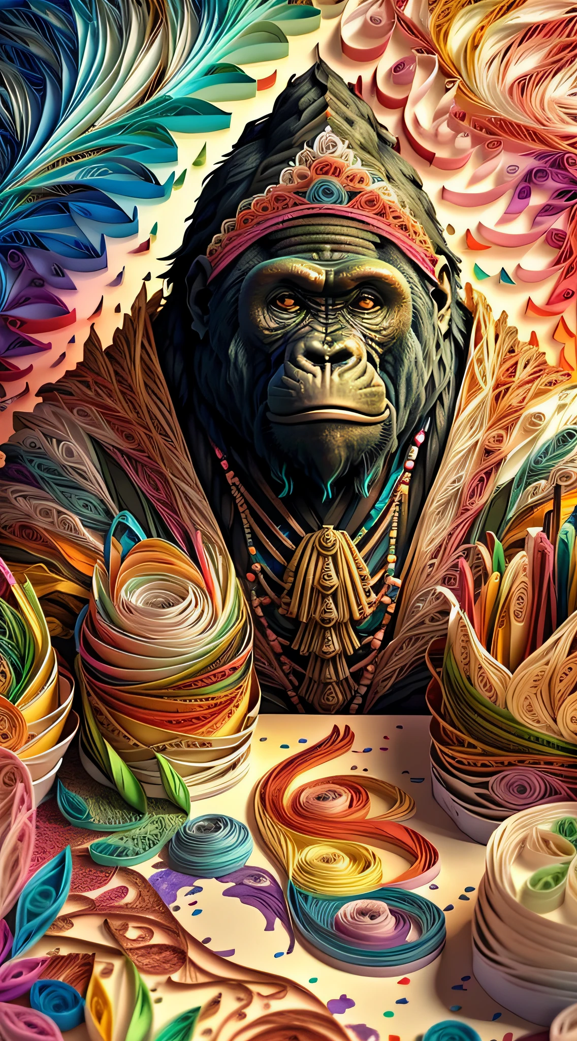 Gorilla facing the front、up of face、(Multidimensional quilling paper:1.2)、art by、Chibi、
yang08k、Beautiful fece、colourfull、
masterpiece、top-quality、top-quality、Official Art、Beautifully Aesthetic、((8K Ultra Real))、Fractal art、