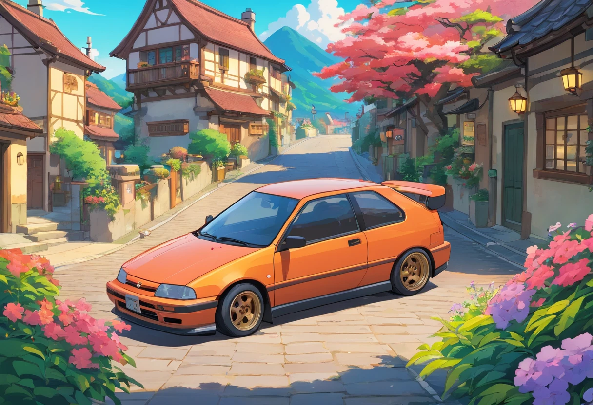 Sticker design, civic eg6 car, village background, flowers, 5 colors of layers, Corner Street, Beleq drum, Presean, car in chameleon colour
