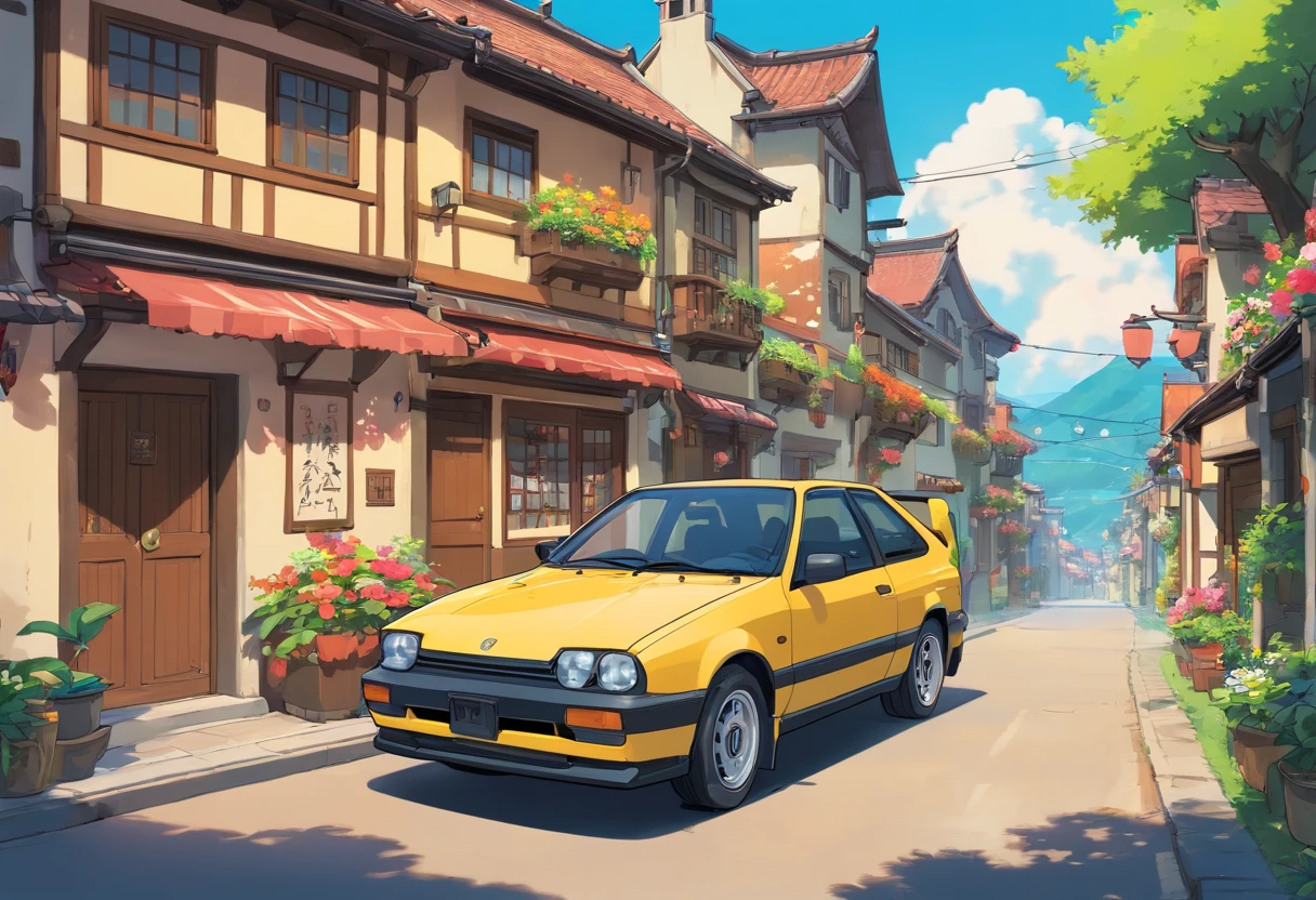 Sticker design, civic eg6 car, village background, flowers, 5 colors of layers, Corner Street, Beleq drum, Presean, car in chameleon colour