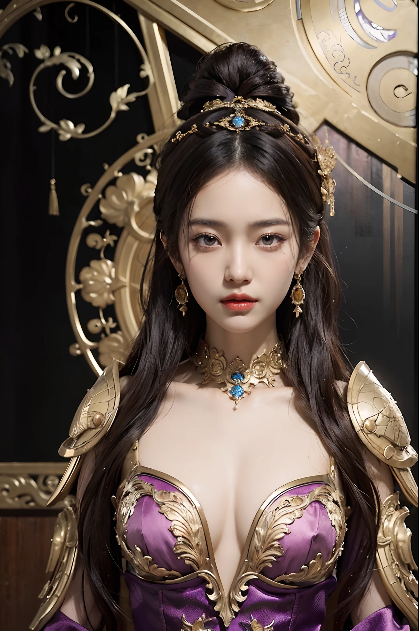 Close up portrait of woman in gold and purple dress, chengwei pan on artstation, by Yang J, detailed fantasy art, Stunning character art, fanart best artstation, Magnificent and exquisite character art, Beautiful armor, extremely detailed art, Detailed Digital Anime Art, ArtGerm on ArtStation Pixiv, Girl in armor
