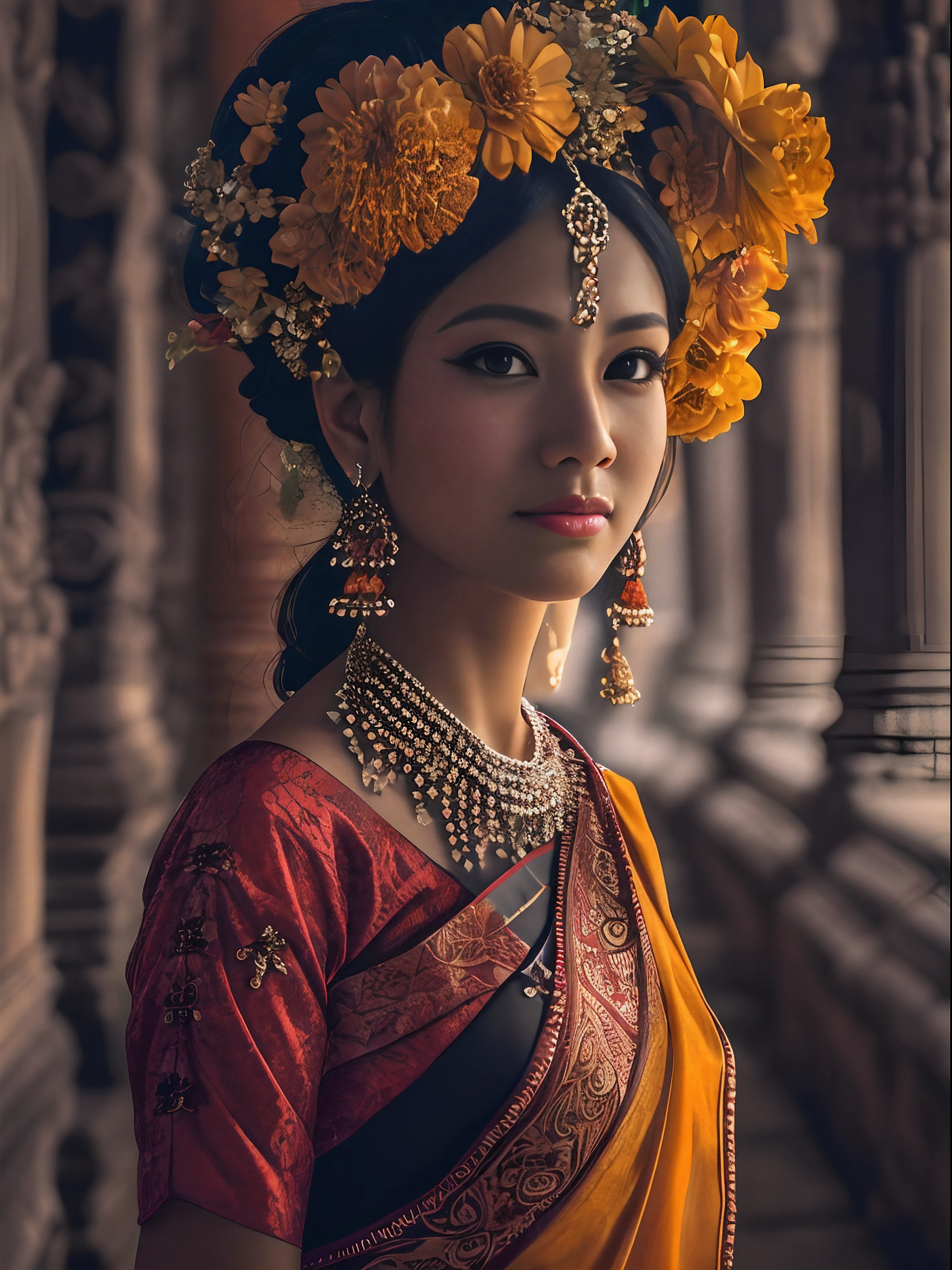 Cambodia，Angkor Wat is inside the temple,Contre-Jour,（A woman who is),wear sari,Face away from the camera,85mm F1.4 lens,Shoot upwards,Close-up,beauitful face,Paint makeup,lipsticks,trinkets,ssmile,k hd,Flowers around you,500px style,Master photography,