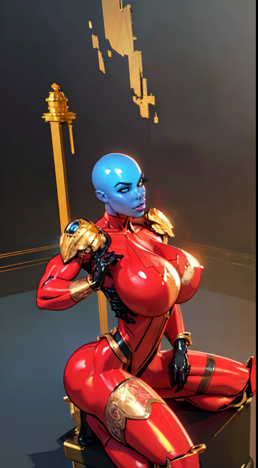 ((3d render:1.7)), 8k ((above view:1.3)), ((full body view))(large eyes:1.3), defined cheekbones, looking back, ((the pit style:1.4))((sleek dark red bodysuit:1.6)) ((intricate gold glowing lace details:1.6))detailed face:1.5), blue skin,(puffy lips:1.5) (blue skin:1.6), ((bald woman:1.7)), ((skinhead)), ((sexy pose)),(Muscular:1.5), ((gigantic breasts:1.5)), )highly detailed, Volumetric lighting, baroque oil painting by Greg Rutkowski, Artgerm, WLOP, dynamic angle,((intricate neon lines on bodysuit:1.3)), majestic, digital photography, best shadow, light particles, art by artgerm and ruan jia and greg rutkowski, ((gold shoulder pads:1.6)), (masterpiece), sidelighting, intricate details, (((red color palette))),(((on knees on top of pedestal)))
