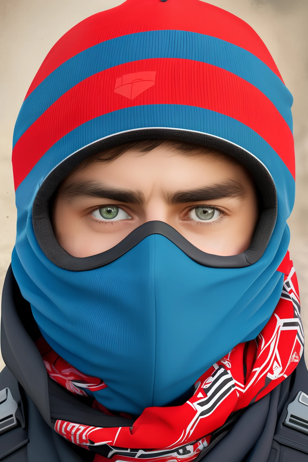 a close up of a person wearing a ski mask with a blue and red stripe, balaclava, skimask, wearing bandit mask, ski mask, balaclava mask, balaclava covering face, ski masks, highley detailled face, inspired by Egbert van der Poel, inspired by Mikhail Evstafiev, inspired by Alonso Vázquez --auto --s2