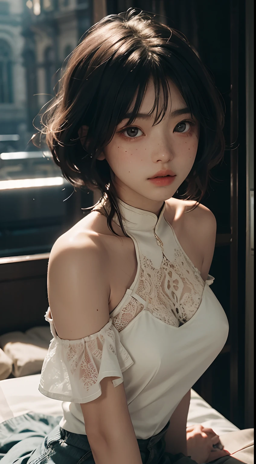 best qualtiy,tmasterpiece,超高分辨率,(fidelity:1.4),RAW photogr,freckle,1girl,cropped shoulders,cinmatic lighting。