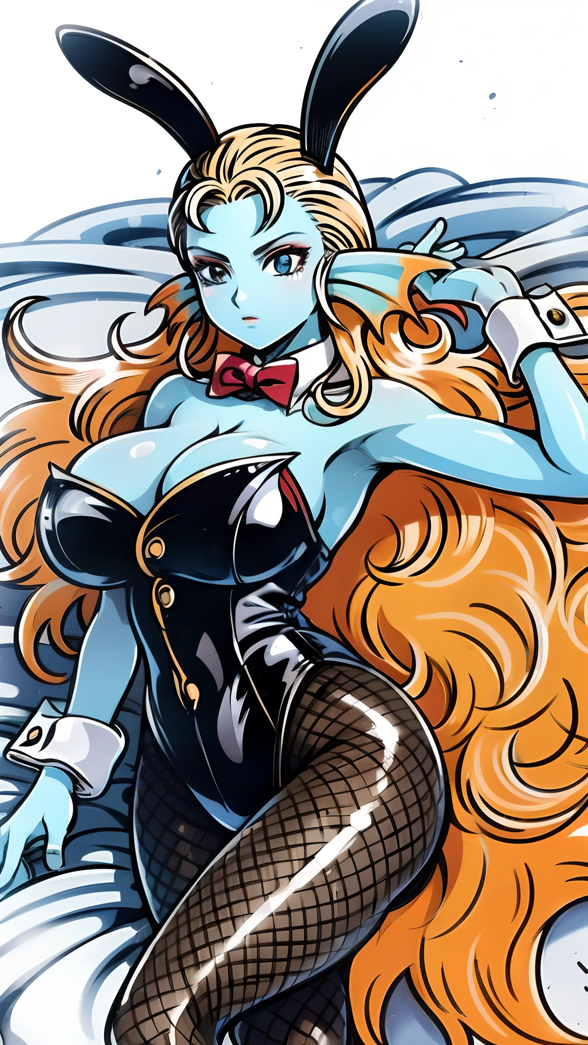 8K, high quality, married, beautiful, bright, eye highlights, sexy, erotic, beautiful line drawing, light blue skin, blue and orange gradient ear fins, bunny girl, bunny suit, net tights on legs, lying on bed,