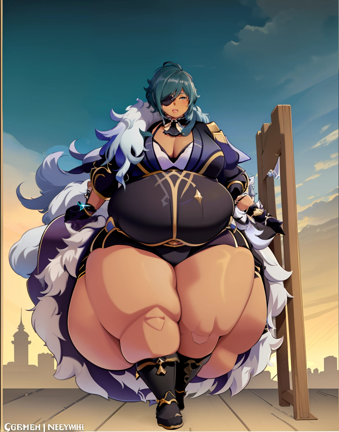 An anime illustration of a Fat Kaeya from Genshin impact , Solo ,((1boy)), Kaeya, grin, Eyepatch, Old German Cityscape,,((Dark Skin)), ((Anatomically accurate)) ,((hyper_hips)), (hyper_belly),fat!! ,burp,(Pear shape),((high_aesthetic)), (Highest quality), Masterpiece!!