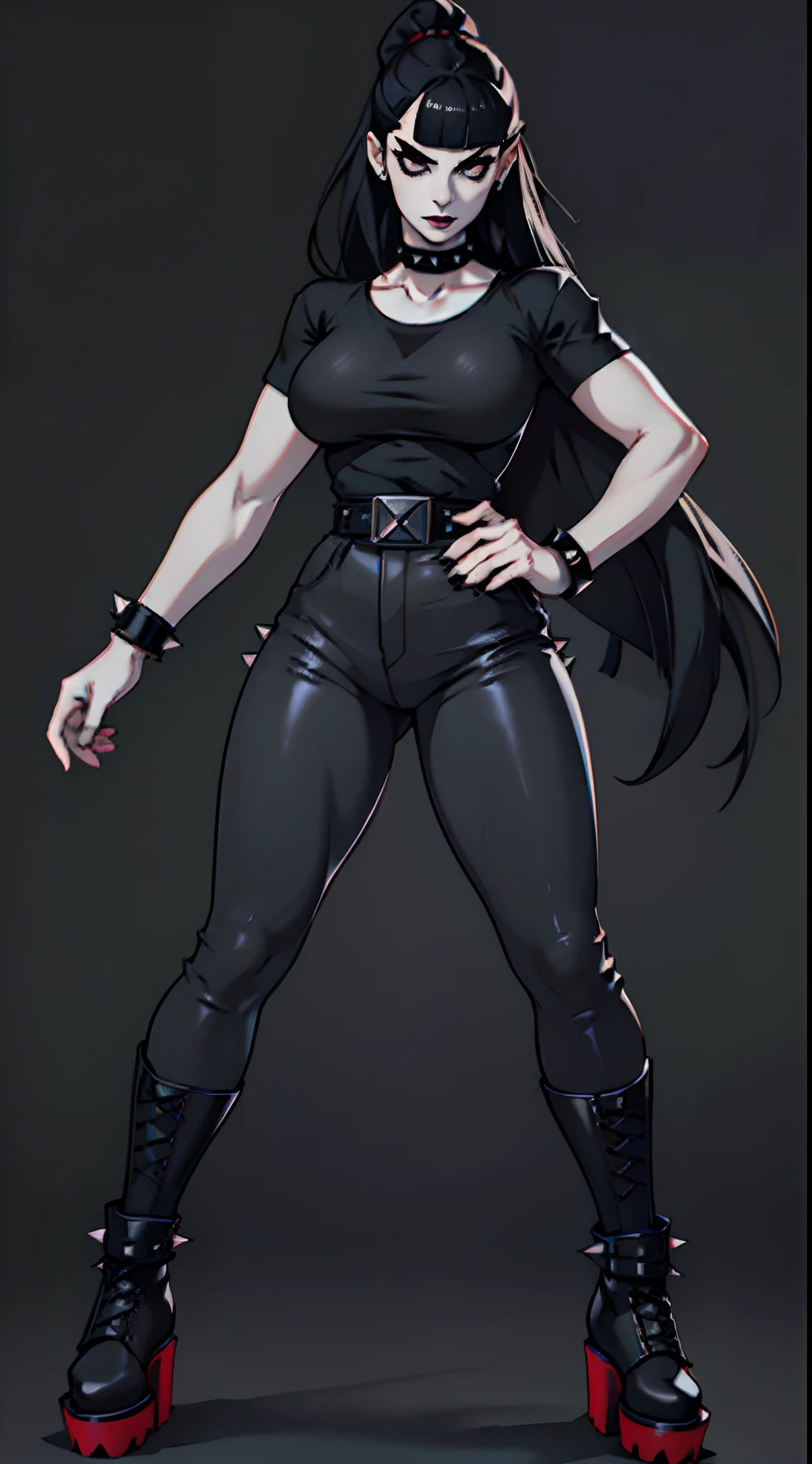 Goth Woman, pale skin, black lipstick, long straight black hair with bangs, choker with spikes, black clothes, black pants, big breasts, thin waist, wide hips, attractive face, big black platform combat boots, black t-shirt, spiked bracelet, full body