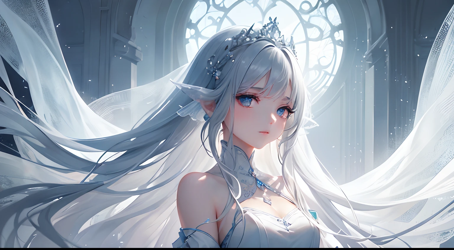 A beautiful girl with a ghostly presence, hauntingly beautiful eyes, ethereal glow, flowing hair, and a serene expression emerges from the mist. Her transparent figure creates an otherworldly atmosphere, blending seamlessly with the mystical surroundings. The girl's refined features captivate the viewer, showcasing delicate lips, intricate details, and long eyelashes. The image quality is of the highest standard, with ultra-detailed rendering and sharp focus. The color palette exudes a dreamlike quality, with soft hues and subtle variations. The lighting emphasizes the girl's ethereal nature, casting gentle rays that create a soft glow. The artwork combines elements of a portrait with a touch of the supernatural, resulting in a mesmerizing blend of beauty and mystery.