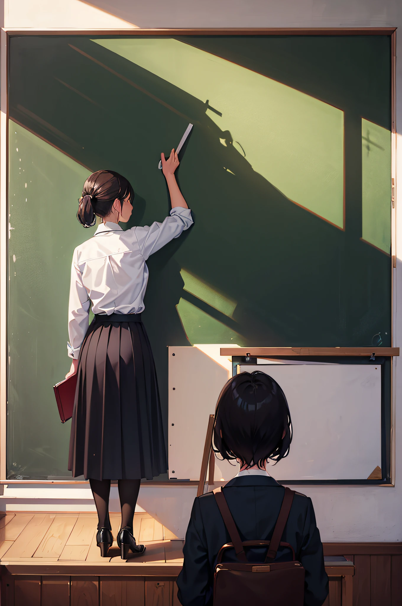 Natural light,Chalk dust in the air,(Teacher standing in front of the blackboard, Holding a book, Writing intently on the blackboard),(Back back back back)