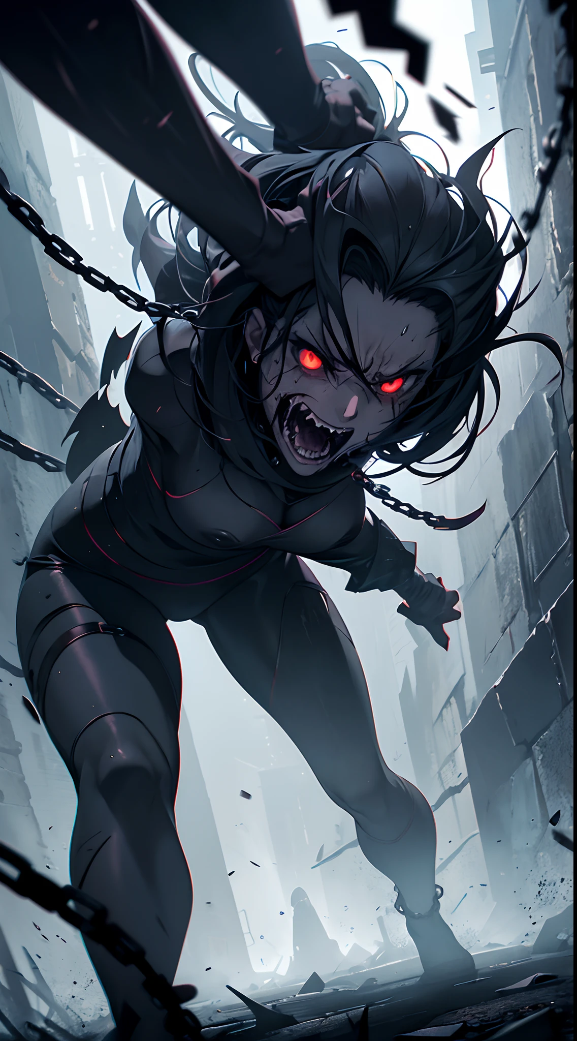 characters desperately fleeing,animated chains,chased horror,panic,struggling,screaming,terrified expressions,wild running,desperate escape,detailed facial expressions,exhausted figures,tightly gripping hands,frantic movements,breathless,heart-pounding,sharp shadows,intense lighting,motion blur,suspenseful atmosphere,pulsating tension,nightmarish,haunting,claustrophobic setting,gloomy darkness,dynamic angles,visual storytelling,high contrast,ominous presence,eerie ambiance,threatening motion,desperate whispers,increasing fear,stressful pursuit,wrenching fear,relentless danger,close-ups of faces,sweat trickling down faces,hectic background movement,realistic depiction of fear,nightmarish imagery