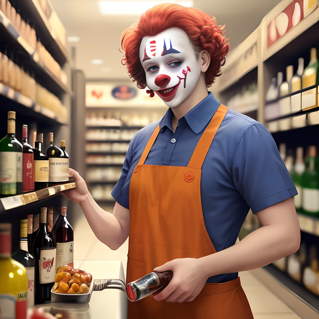 Clown working at a liquor store