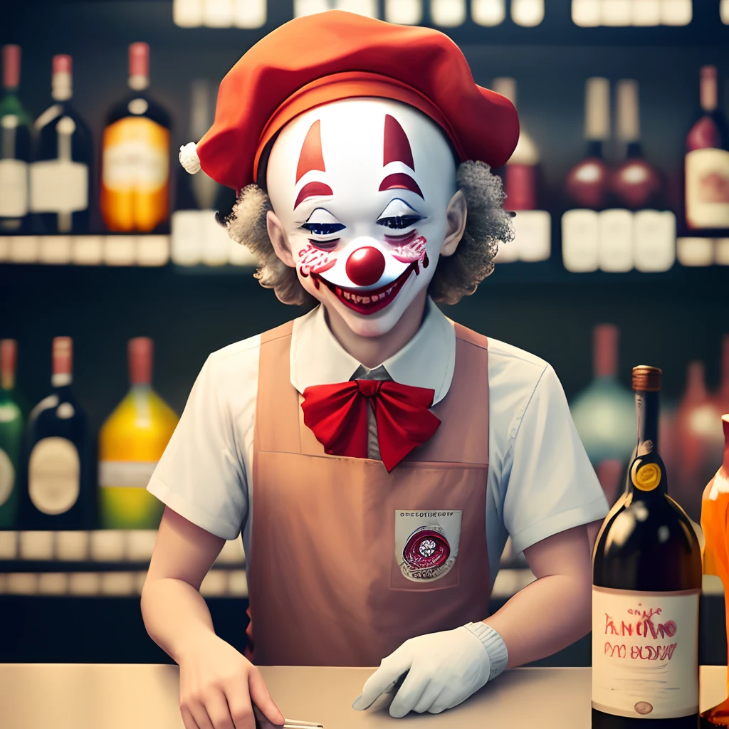 Clown working at a liquor store