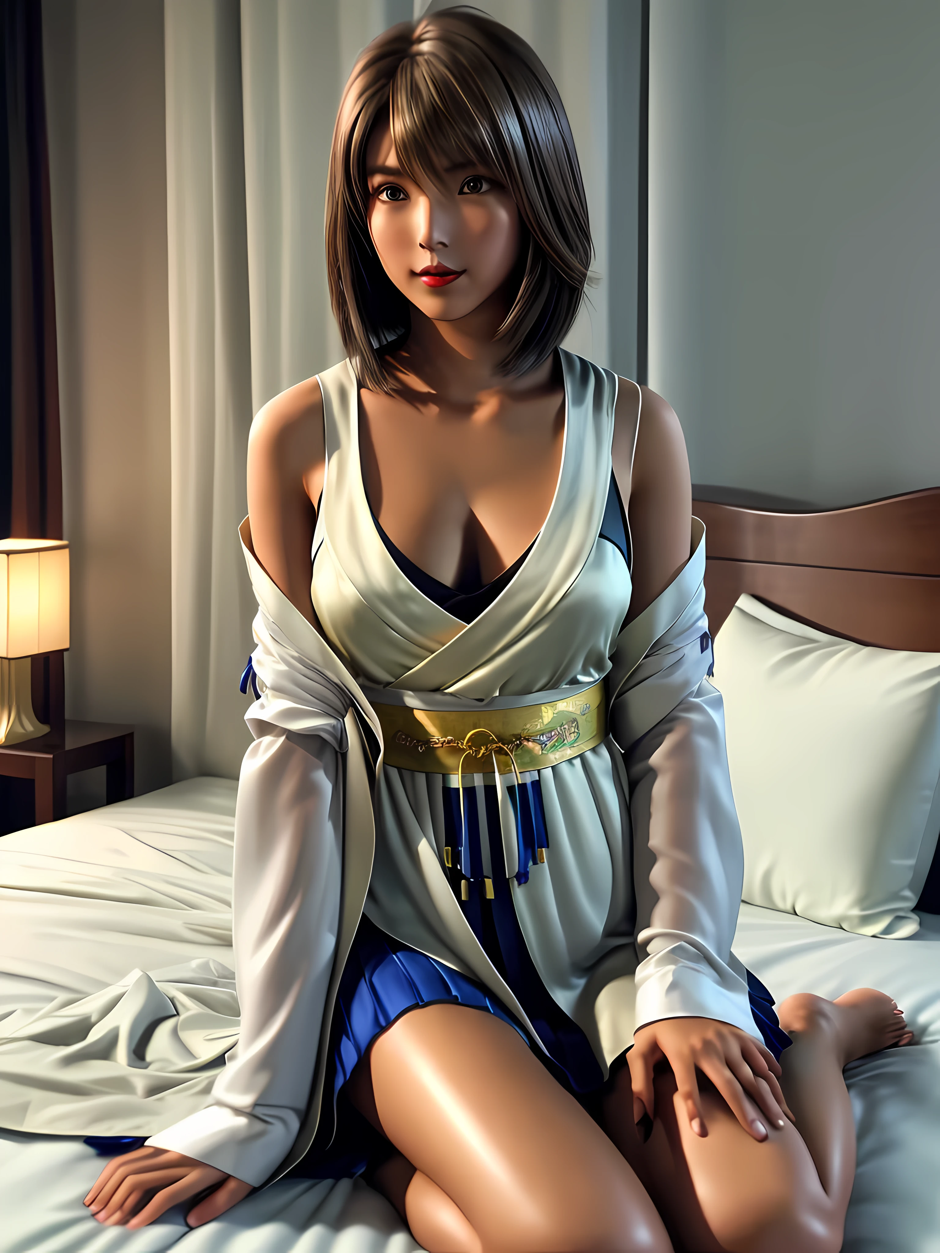 product quality, 1girl, full body shot, front view, a Japanese young pretty woman, medium bob hair, sitting on a luxury silk bed in a luxury hotel room in the night, wearing a long sleeve and gold collared silky shirt, wearing a dark blue pleated long skirt, white socks, hyper cute face, glossy lips, double eyelids in both eyes, natural makeup, long eyelashes, shiny smooth light brown medium bob hair, asymmetrical bangs, a tanned skin, central image, high resolution, high detail, detailed hairstyle, detailed face, spectacular cinematic lighting, octane rendering, vibrant, hyper realistic, perfect limbs, perfect anatomy, open shirt, silk bra, large breasts, cleavage, yuna