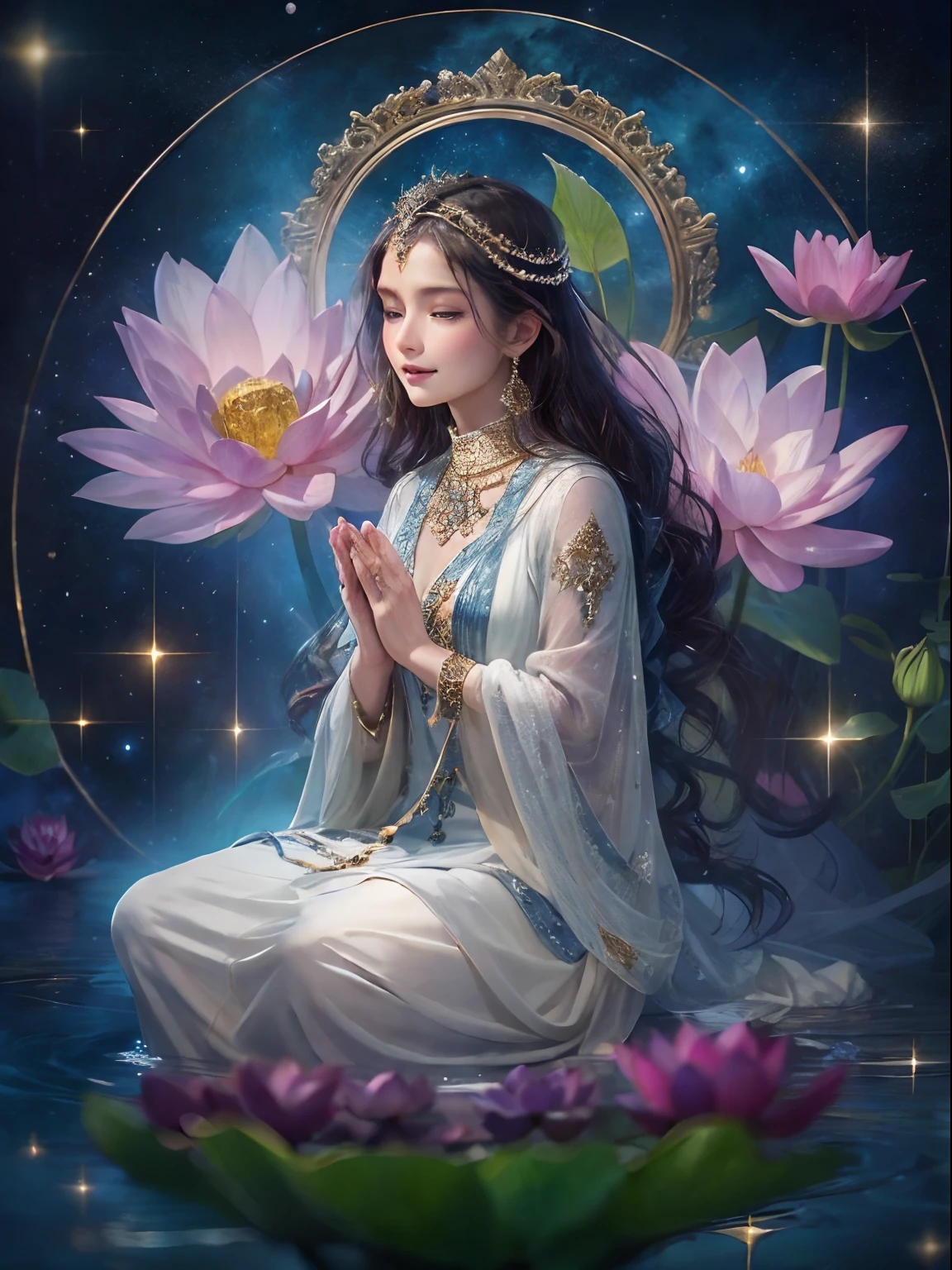 top-quality,tmasterpiece:1.2,Detailed details,Beautiful young goddess,gently smiling. She clasped her hands in prayer meditation. She wore a white dress,Stars shining in the blue night sky, You are sitting on a lotus flower,In a fantastic atmosphere,Feel as if you are one with the universe. High Definition, 8K